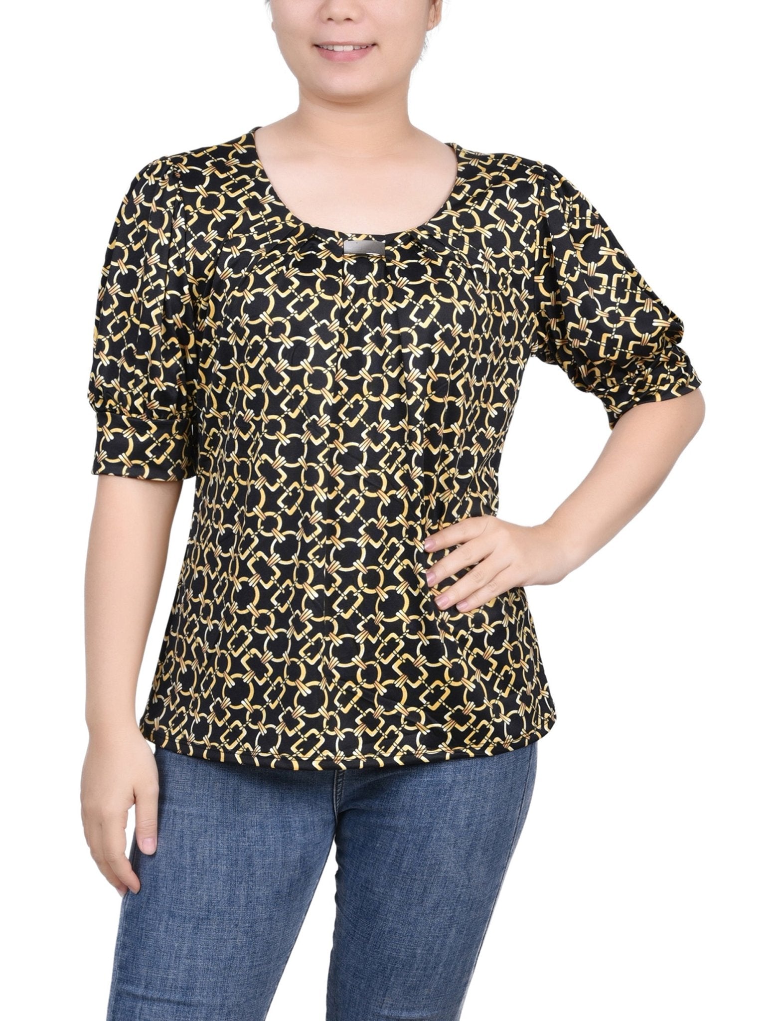 Black Gold Chain Short Sleeve Balloon Sleeve Top - Petite