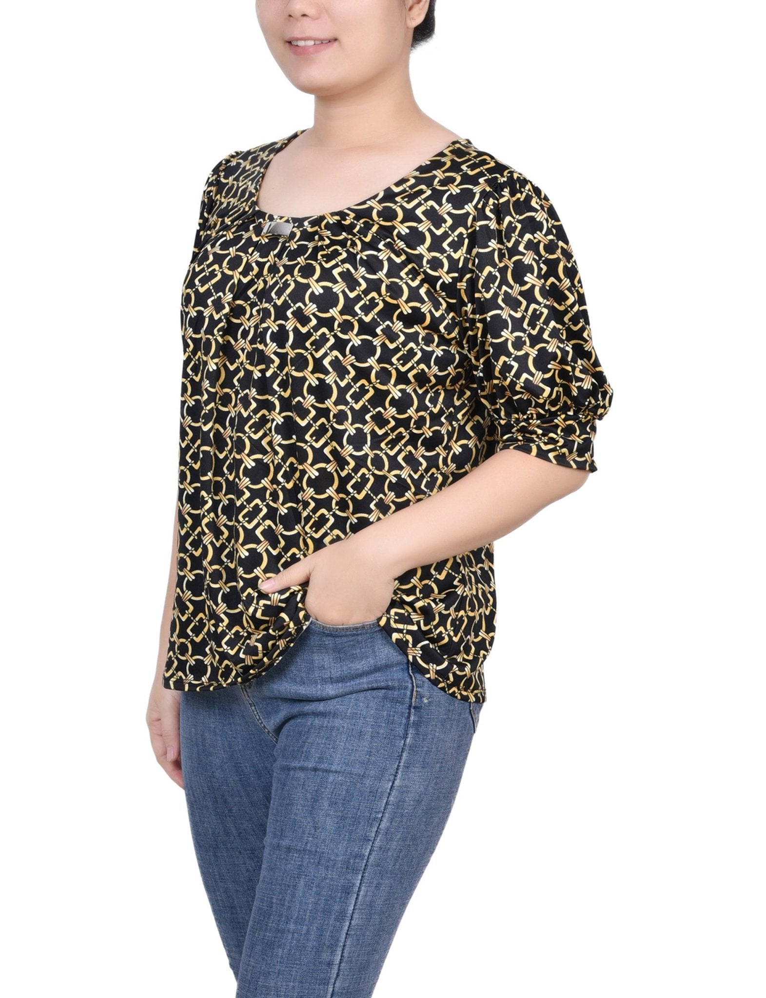 Black Gold Chain Short Sleeve Balloon Sleeve Top - Petite
