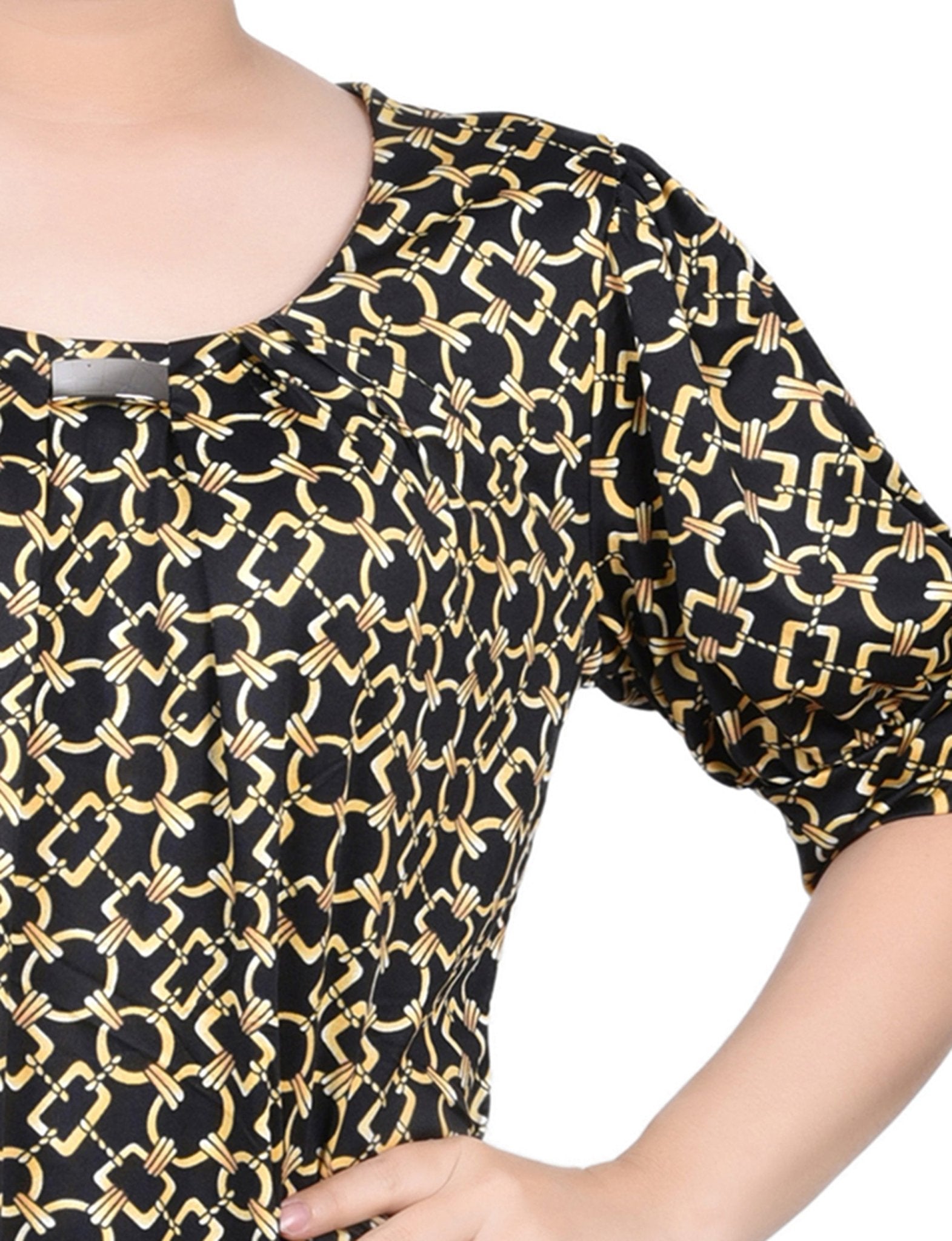 Black Gold Chain Short Sleeve Balloon Sleeve Top - Petite