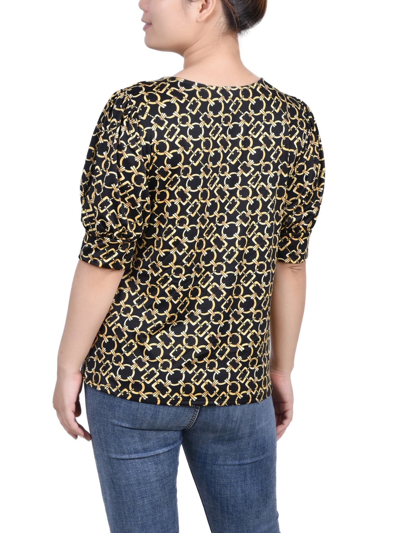 Black Gold Chain Short Sleeve Balloon Sleeve Top - Petite