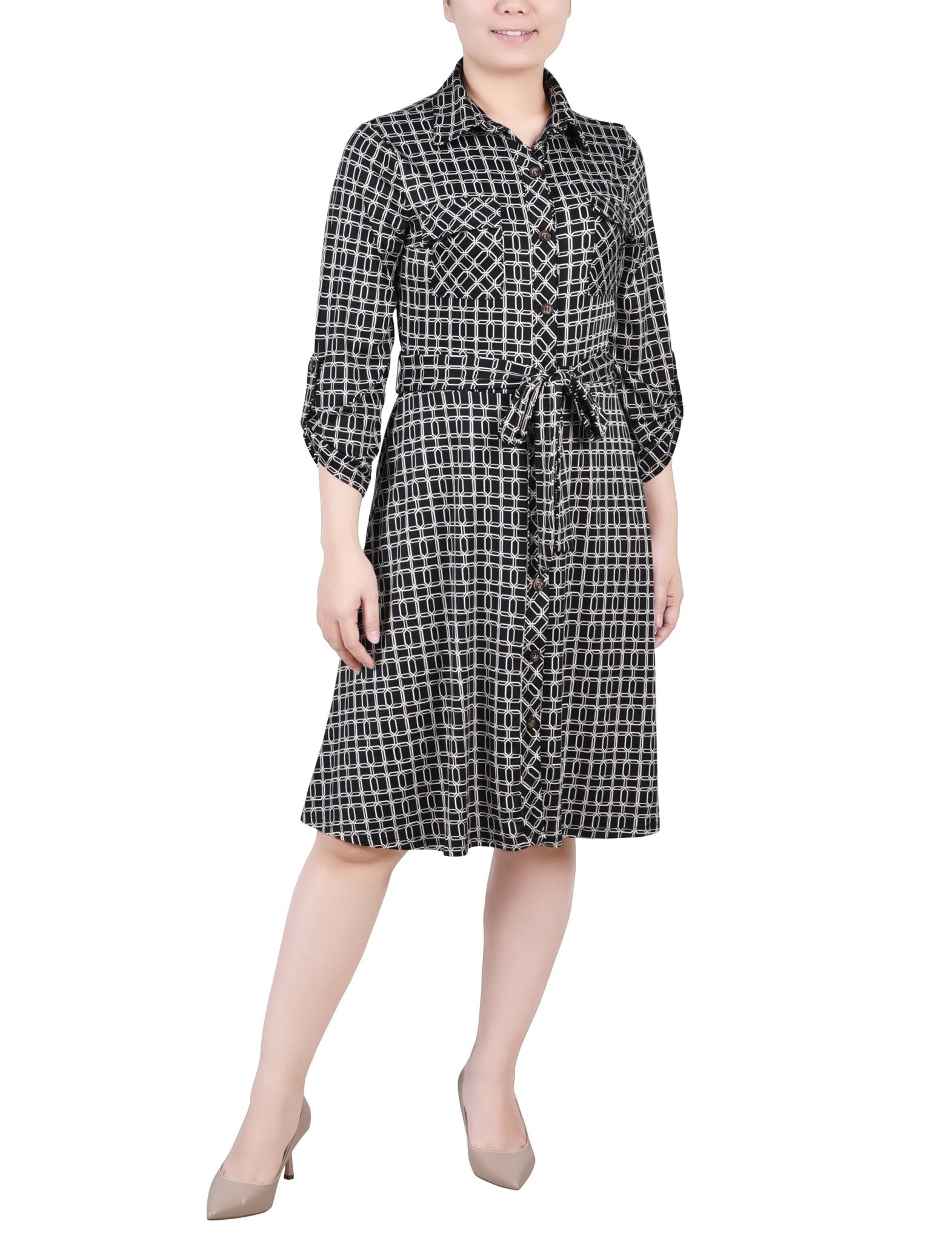 Black Gold Harlie 3/4 Slv Roll Tab Shirtdress - Petite
