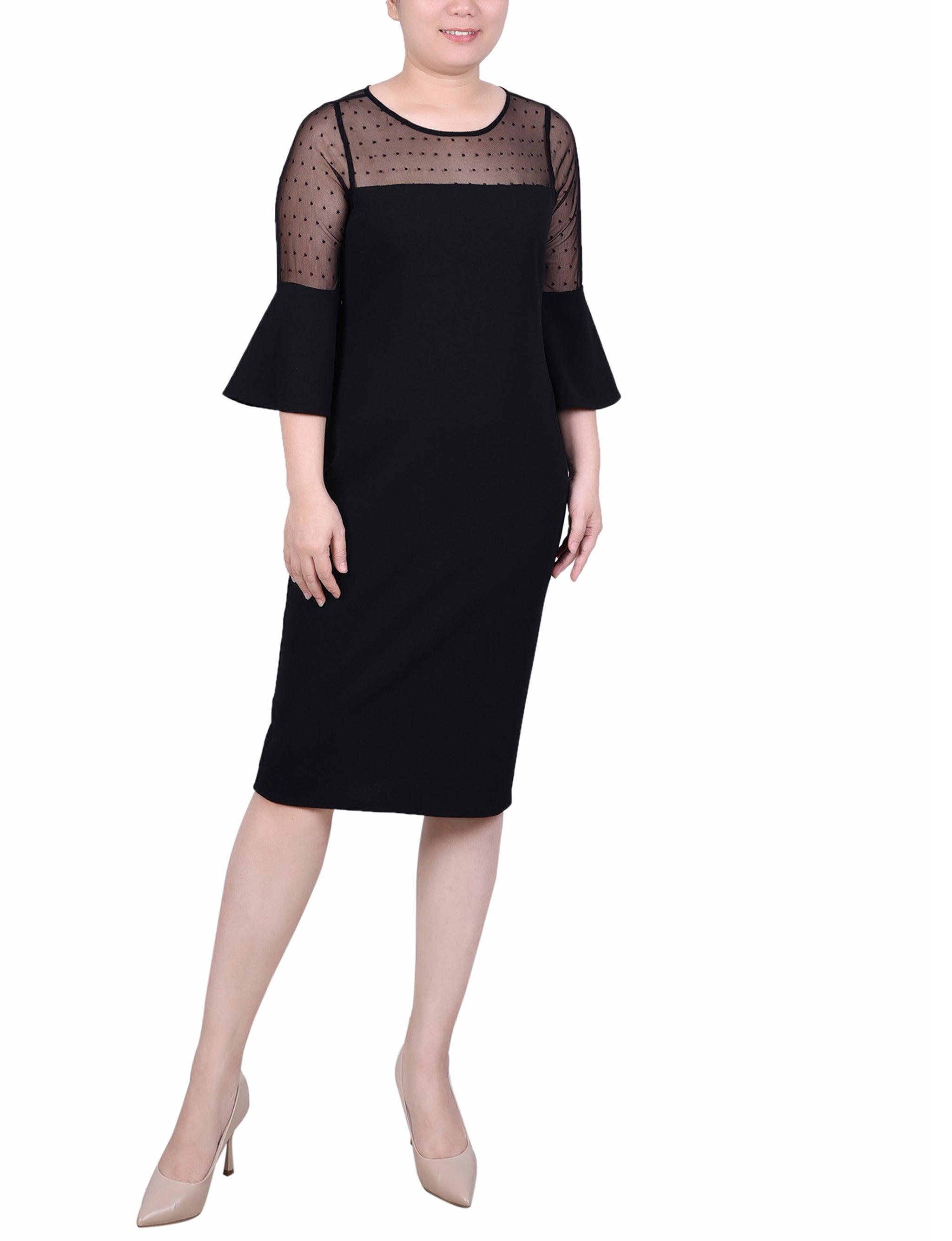 Black Illusion Neck Scuba Dress - Petite