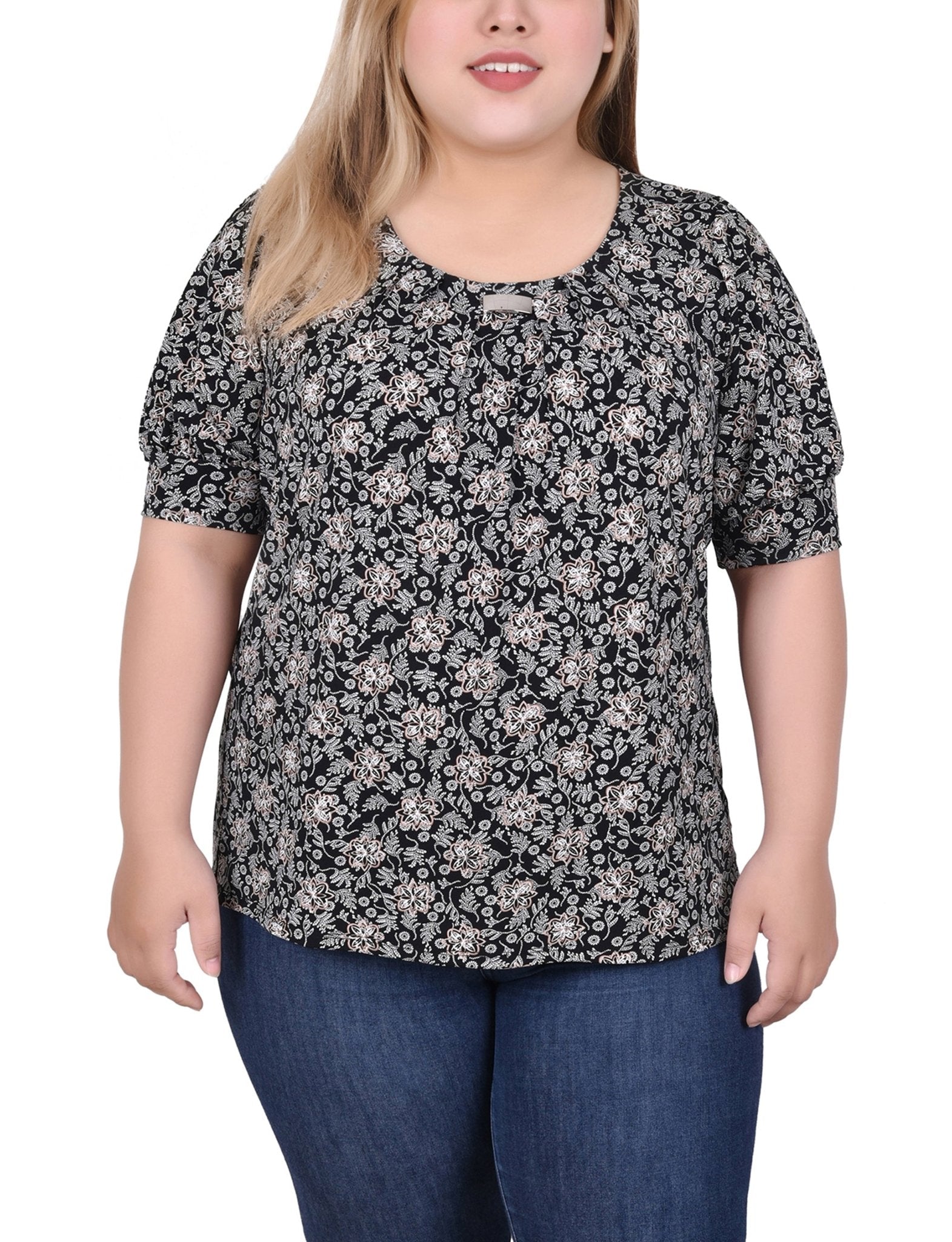 Black Ivory Taupe Floral Short Sleeve Balloon Sleeve Top With Hardware - Plus
