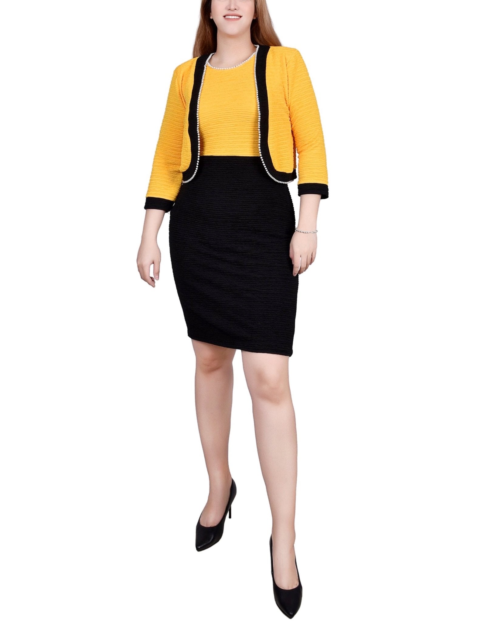 Black Lemon 3/4 Sleeve Textured Knit 2 Piece Dress Set - Petite