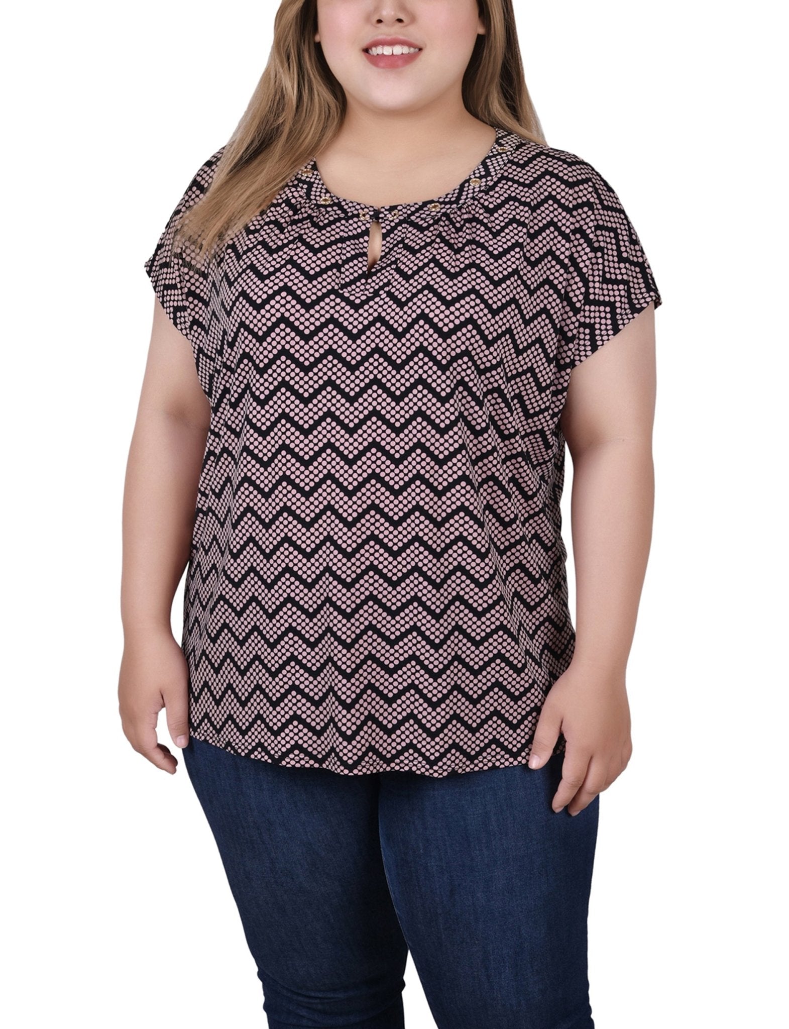 Black Lilas Zigzag Dots 3/4 Sleeve Blouse With Necklace - Petite