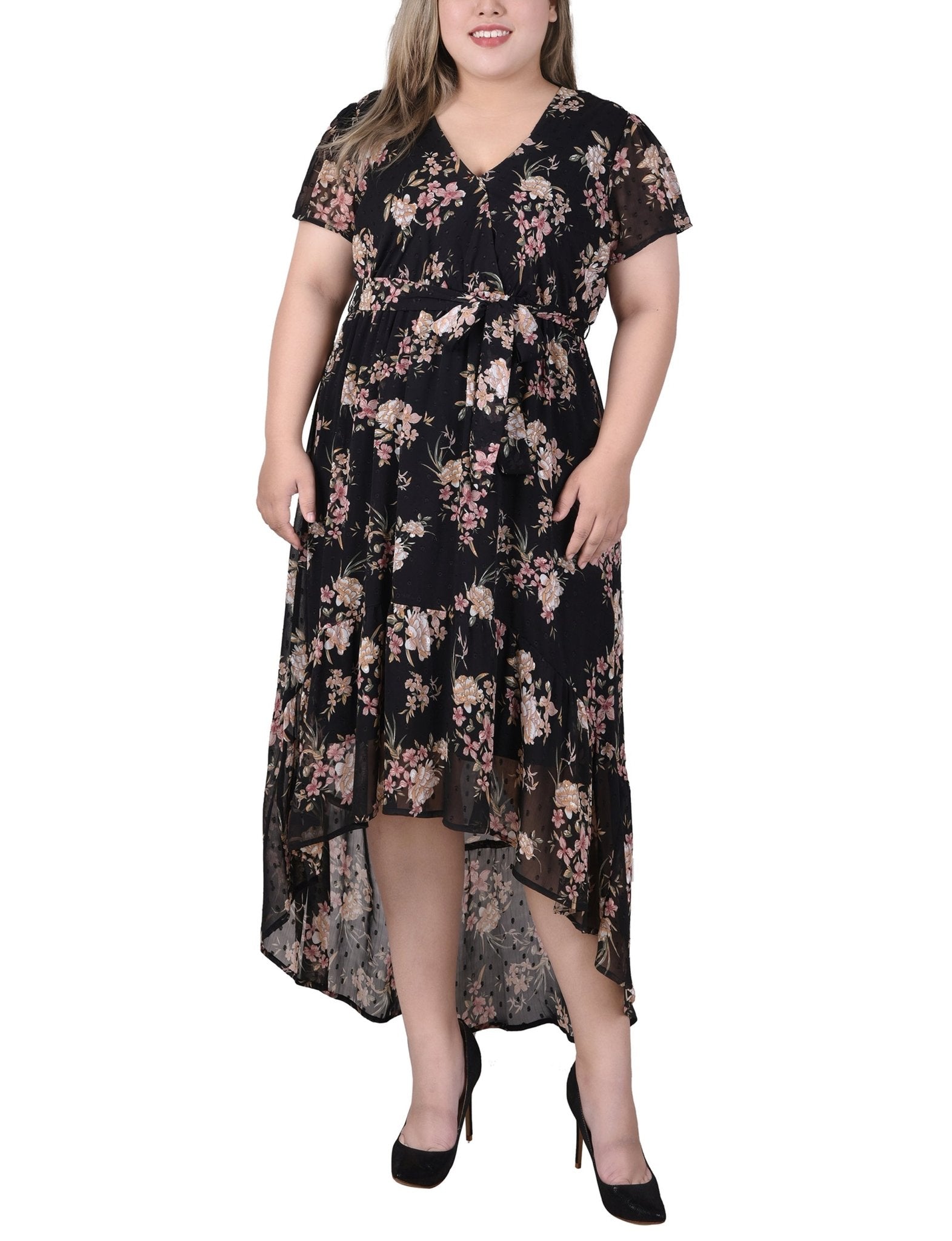Black Mauve Floral Short Sleeve Hankerchief Hem Chiffon Dress - Plus