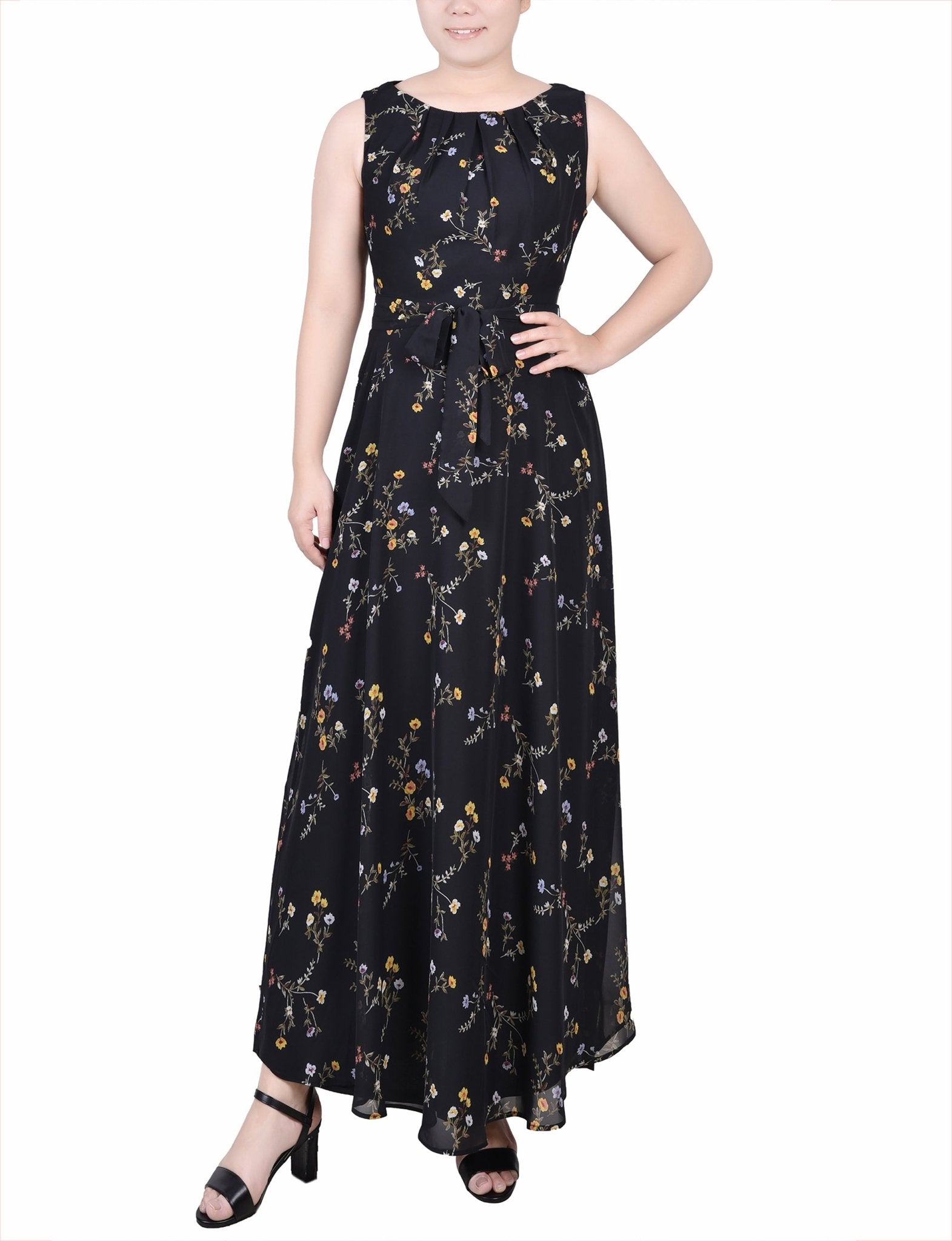 Black Must Vine Sleeveless Belted Chiffon Maxi Dress - Petite