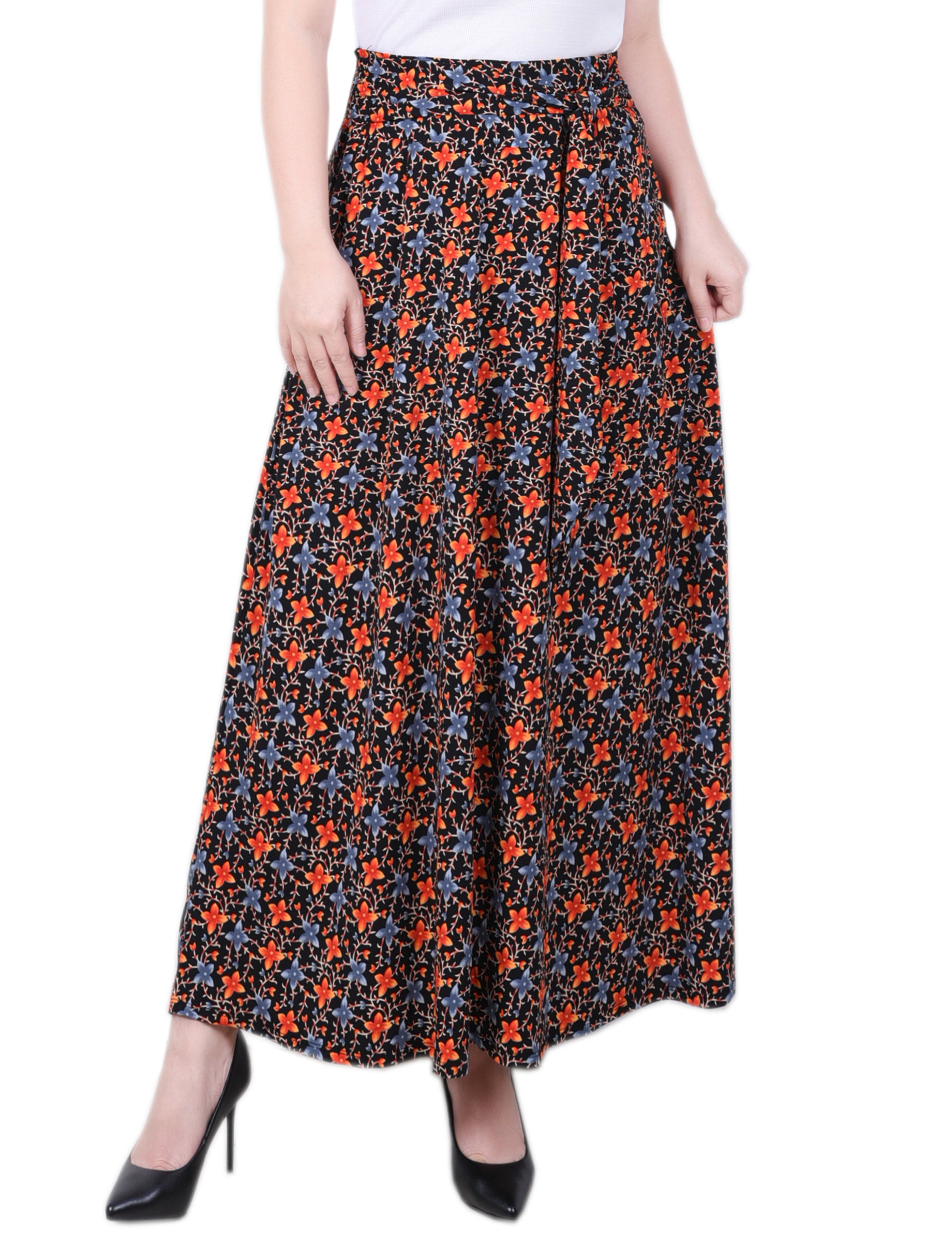 Black Orange Floral Maxi Skirt With Sash Waist Tie - Petite