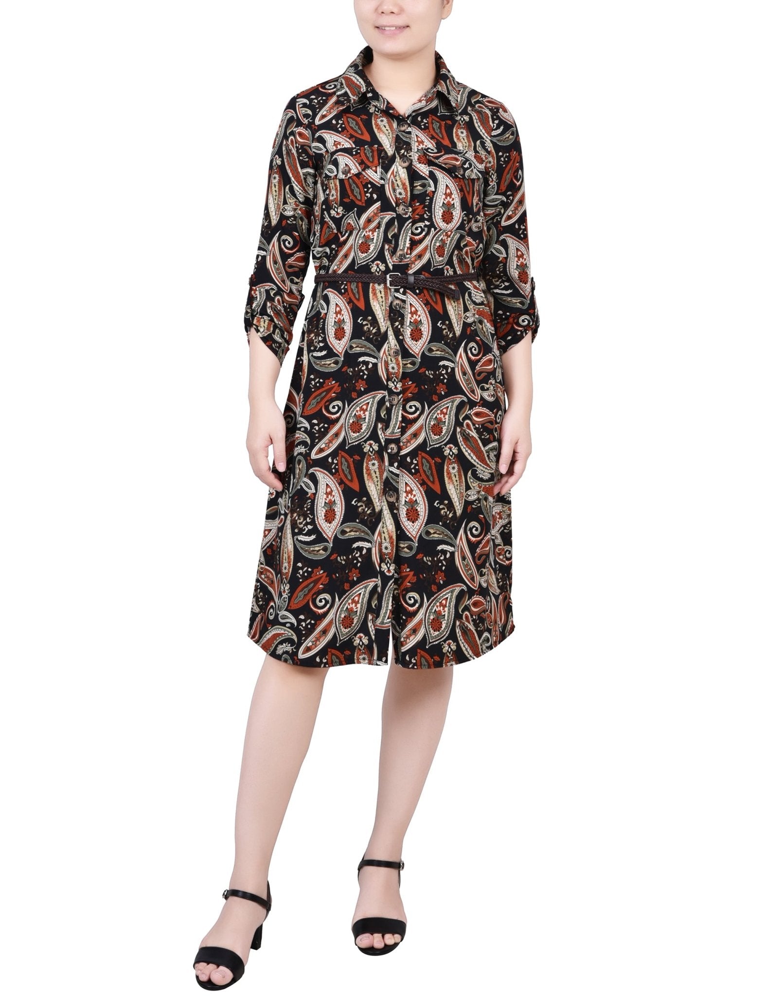 Black Paisley 3/4 Roll Tab Sleeve Shirtdress - Petite