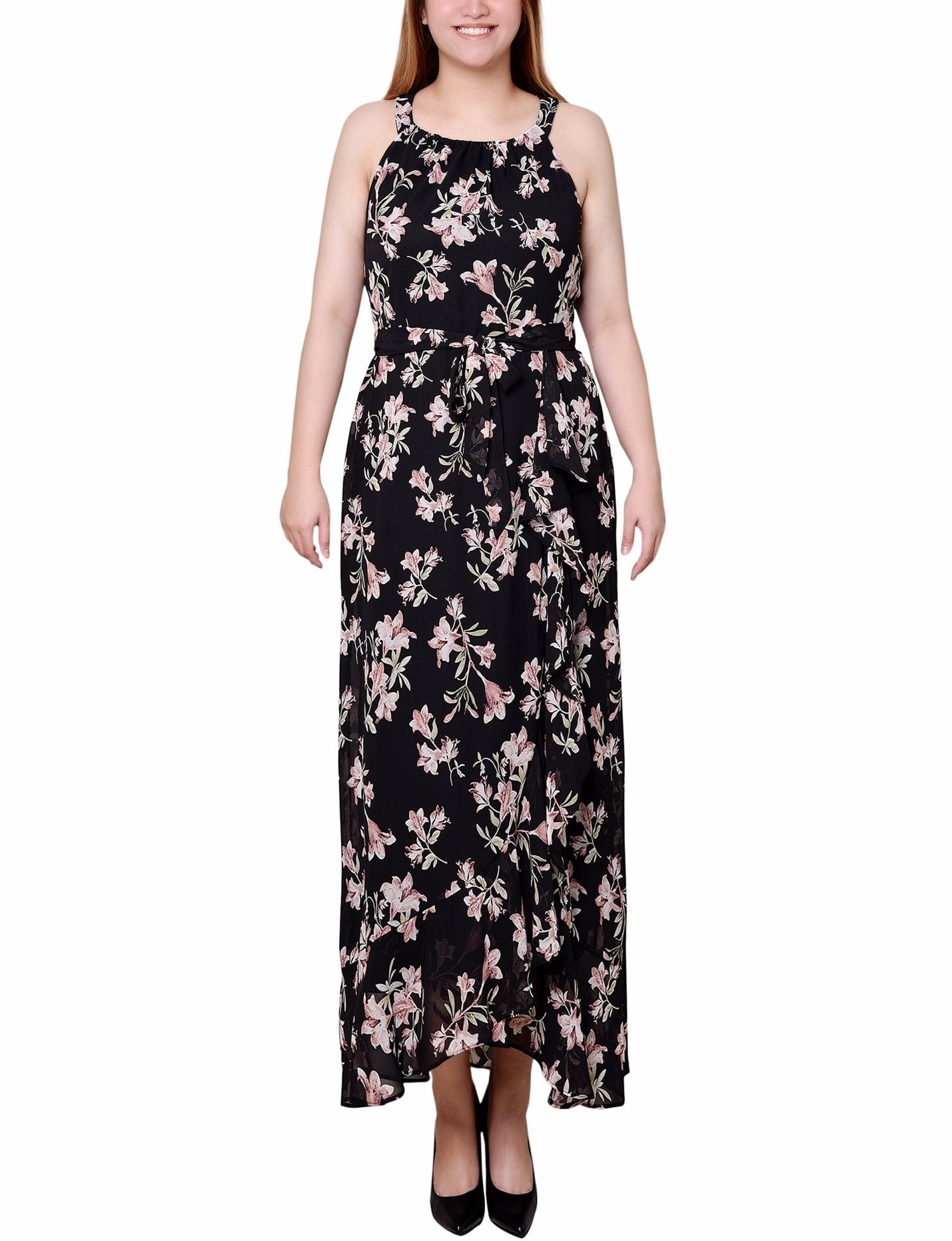 Black Pink Halter Front Chiffon Maxi Dress - Petite