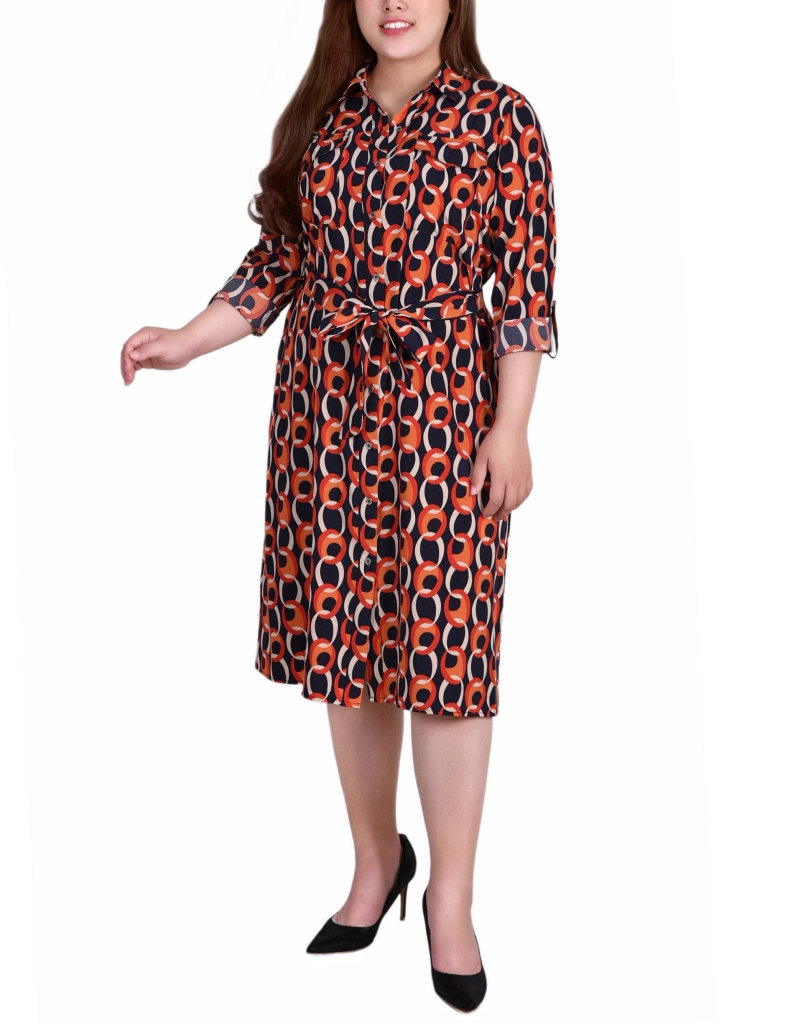 Black Red Circle Chain 3/4 Roll Tab Sleeve Belted Shirtdress - Plus