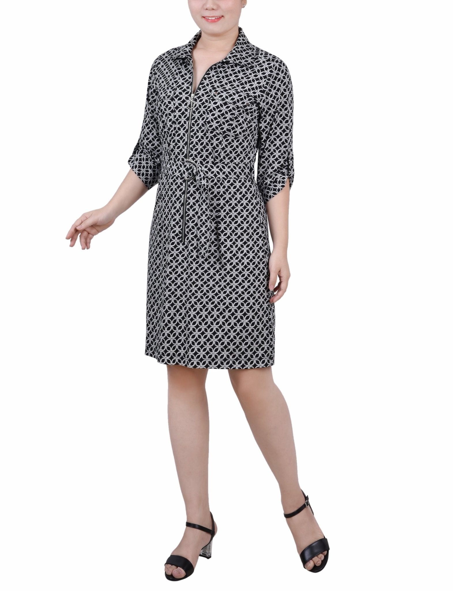 Black Rope Iconic Belted Roll Tab Zip Front Shirtdress - Petite