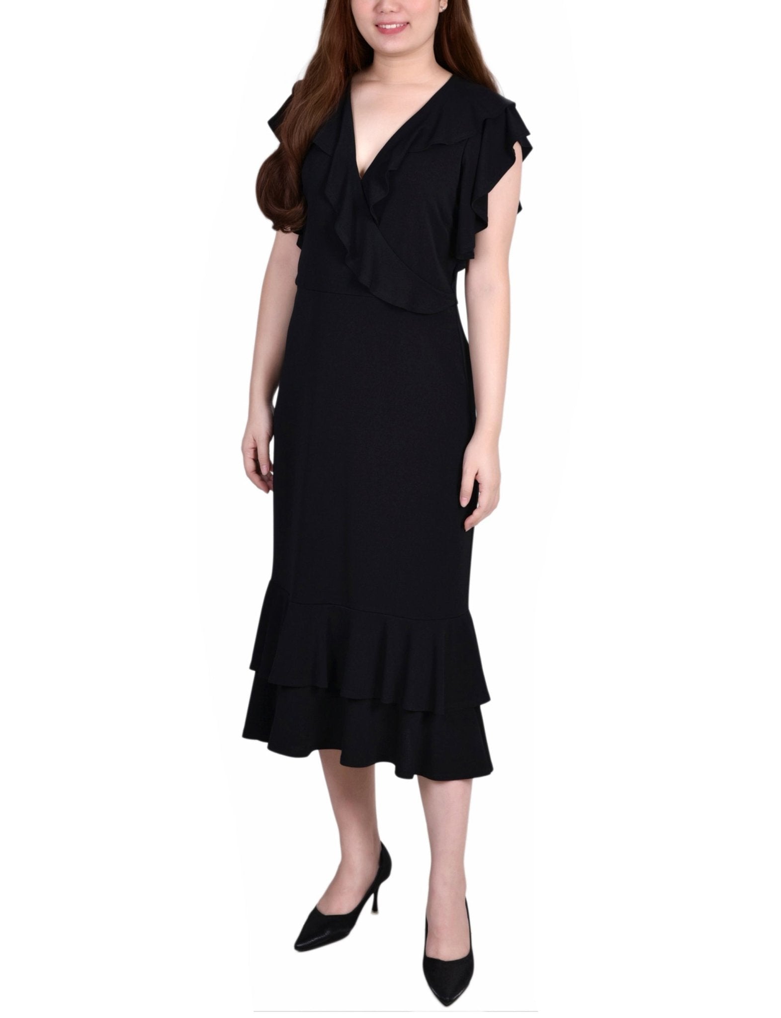 Black Short flutter Sleeve Ruffle Neck Dress - Petite