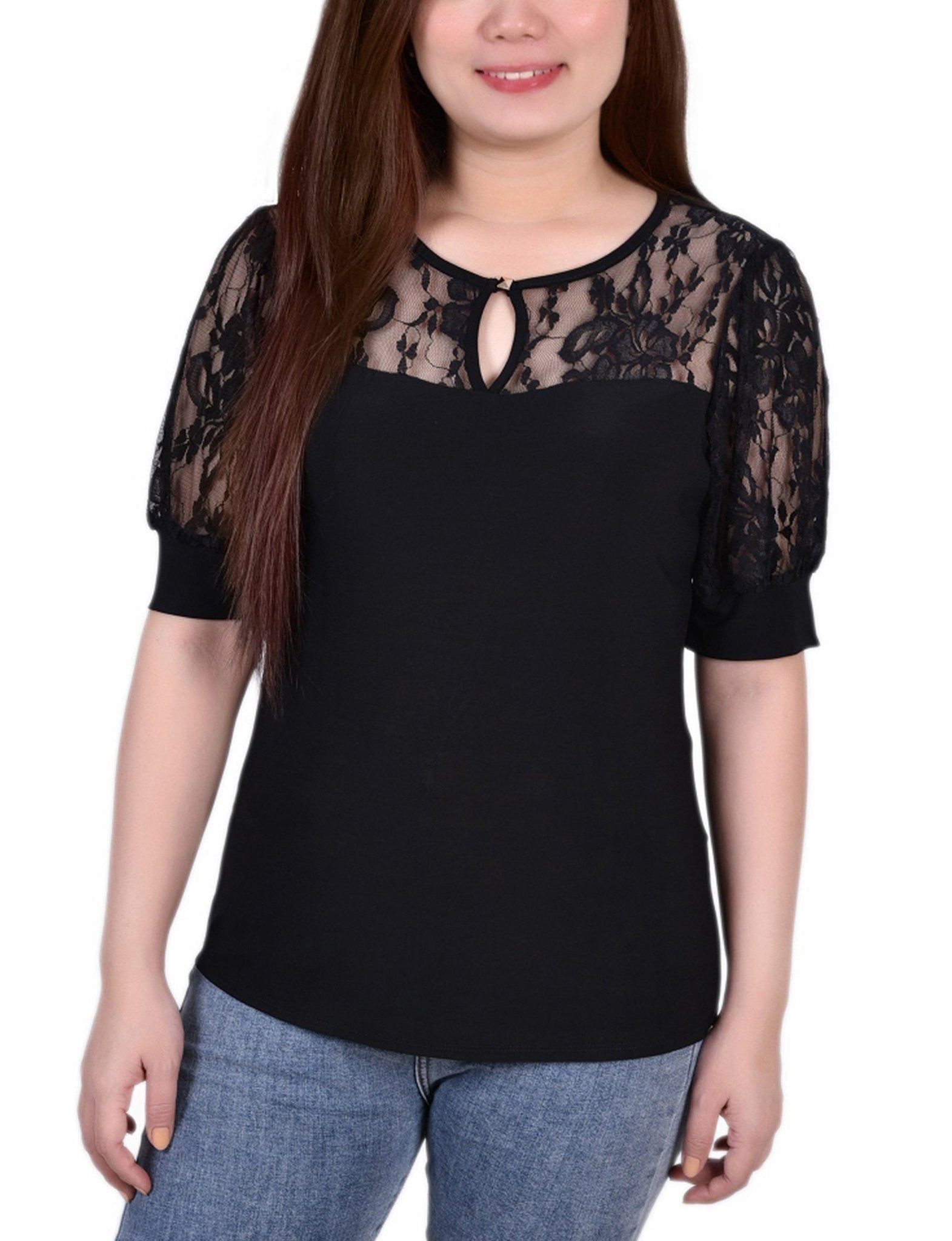 Black Short Puff Sleeve Top With Lace Sleeves And Yoke - Petite