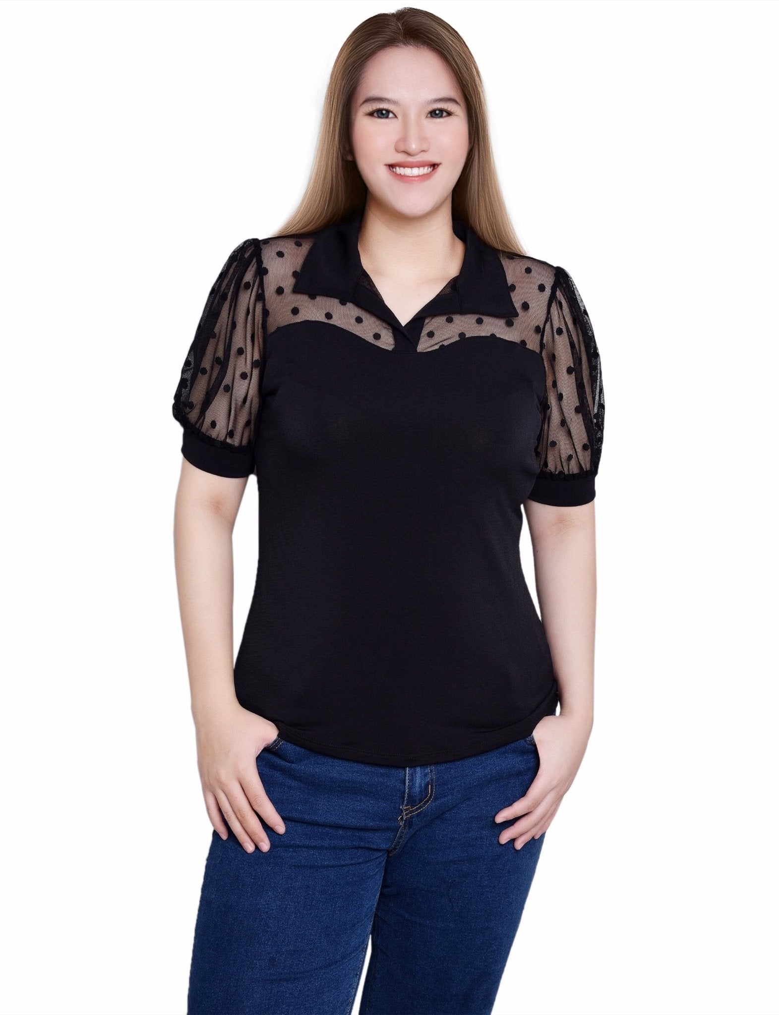 Black Short Sleeve Top With Dotted Mesh - Petite