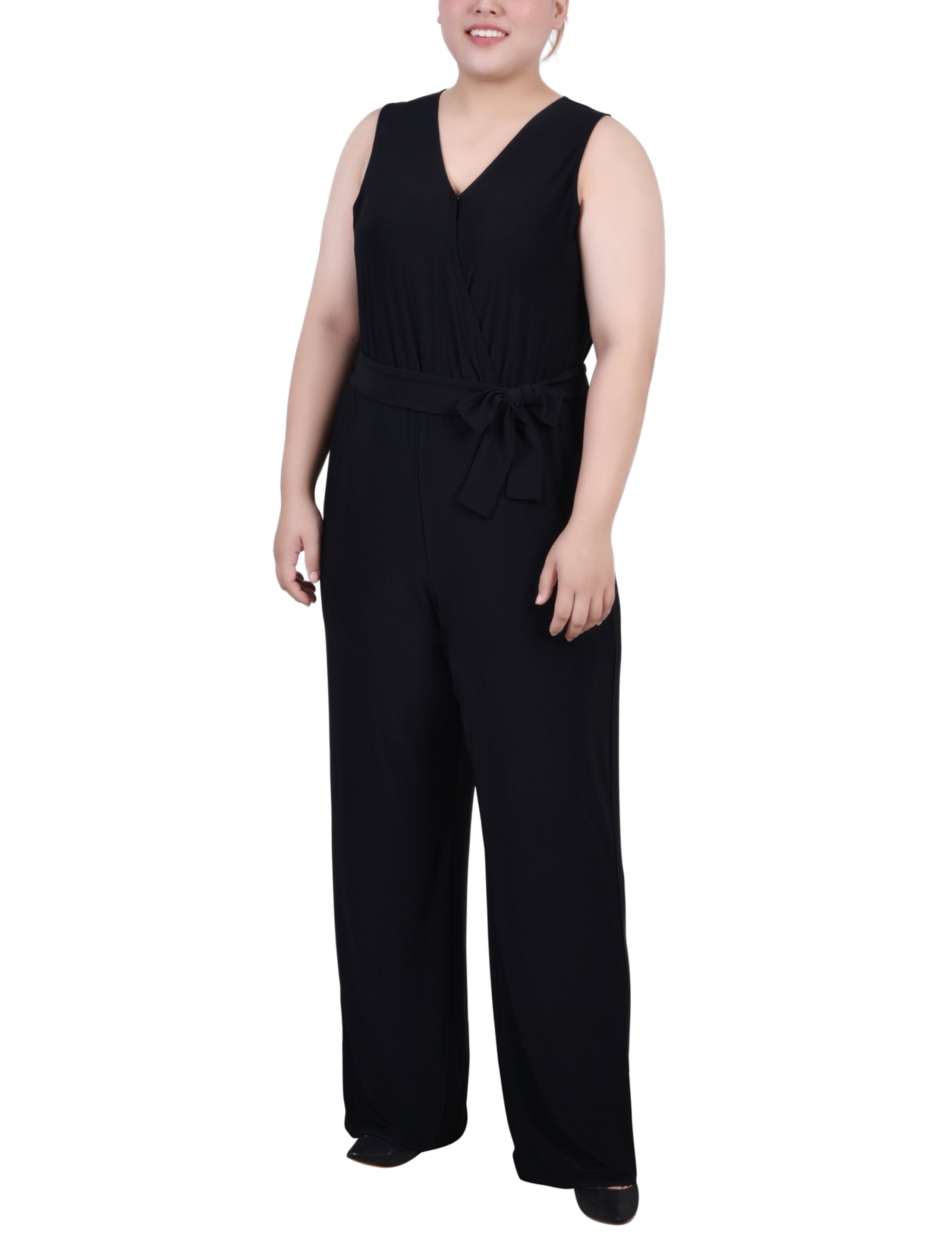 Black Sleeveless Belted Jumpsuit - Plus