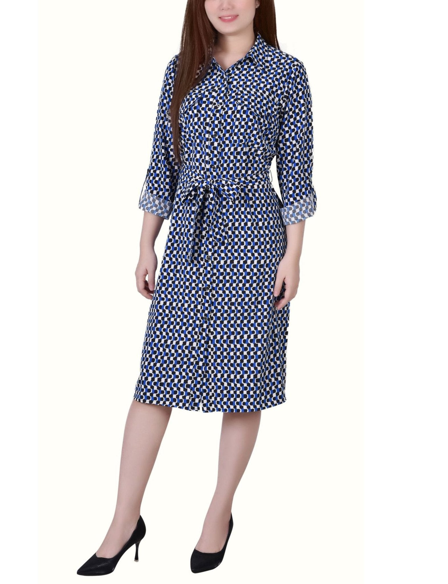 3/4 Length Roll Tab Sleeve Belted Shirtdress - Petite