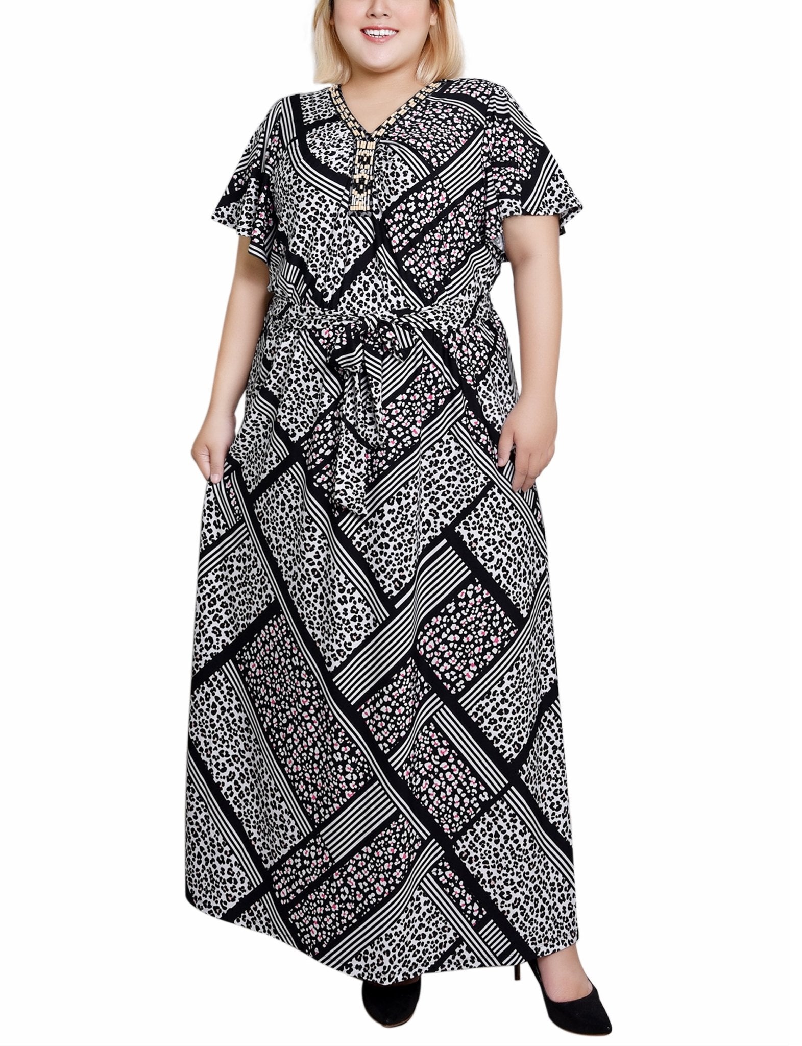 Black Spot Spatch Flutter Sleeve Belted Maxi Dress - Plus