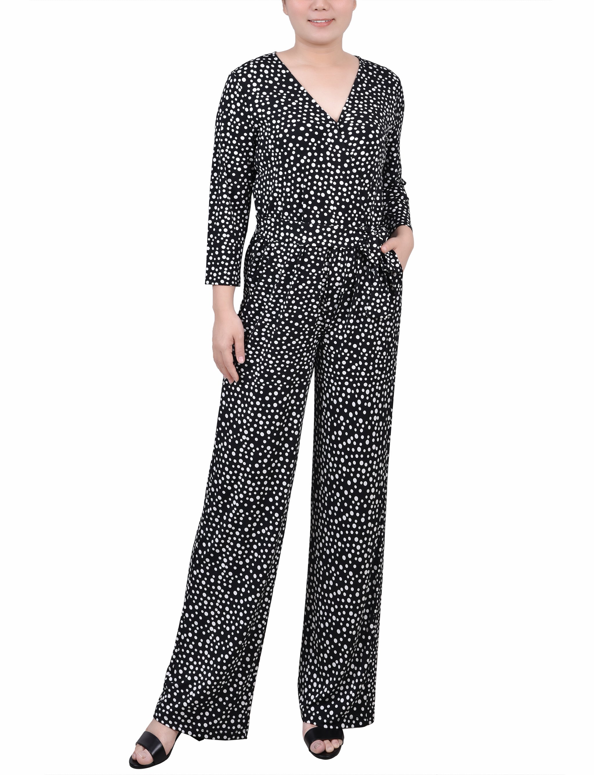 Black Spotted 3/4 Sleeve Belted Jumpsuit