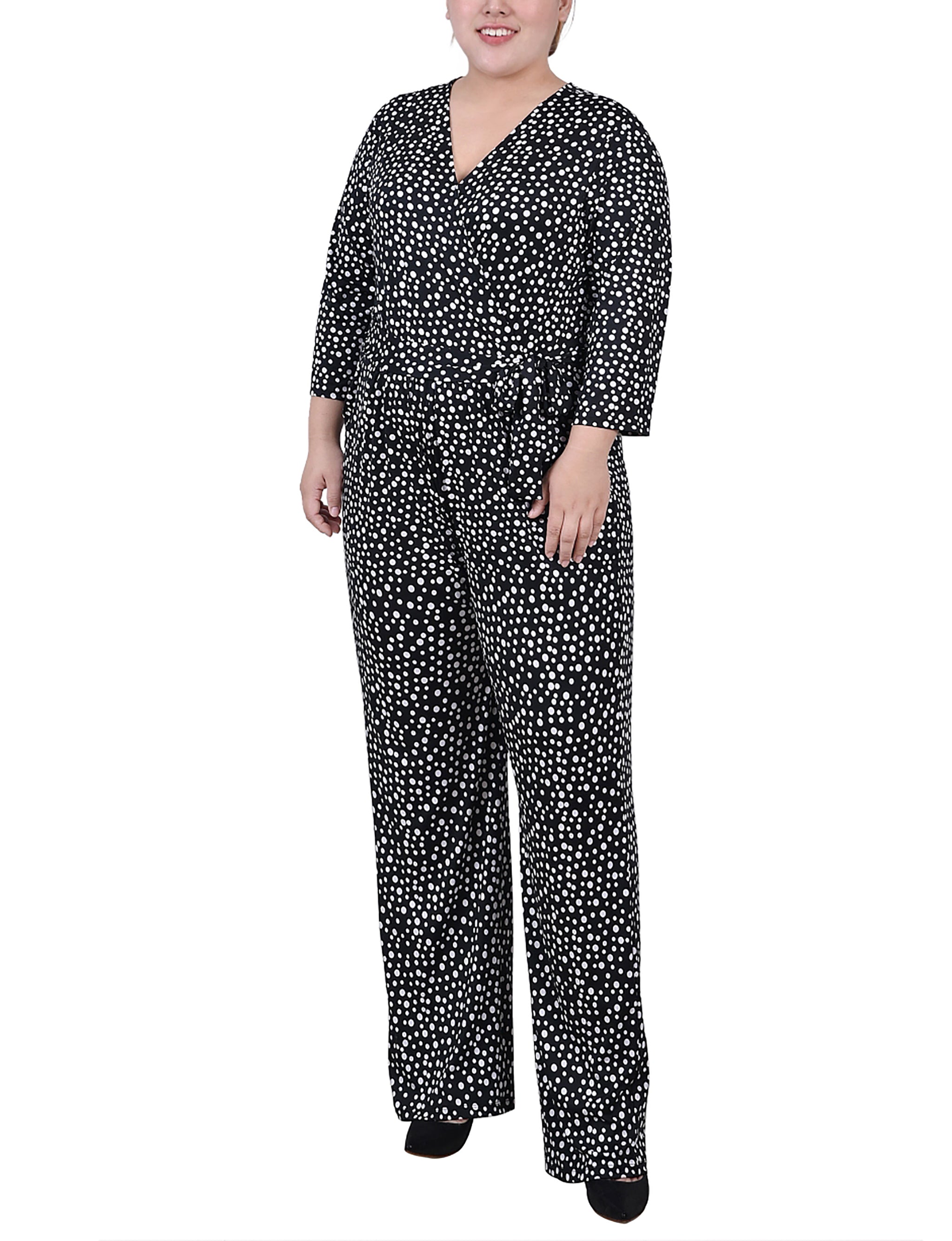Black Spotted 3/4 Sleeve Belted Jumpsuit - Plus