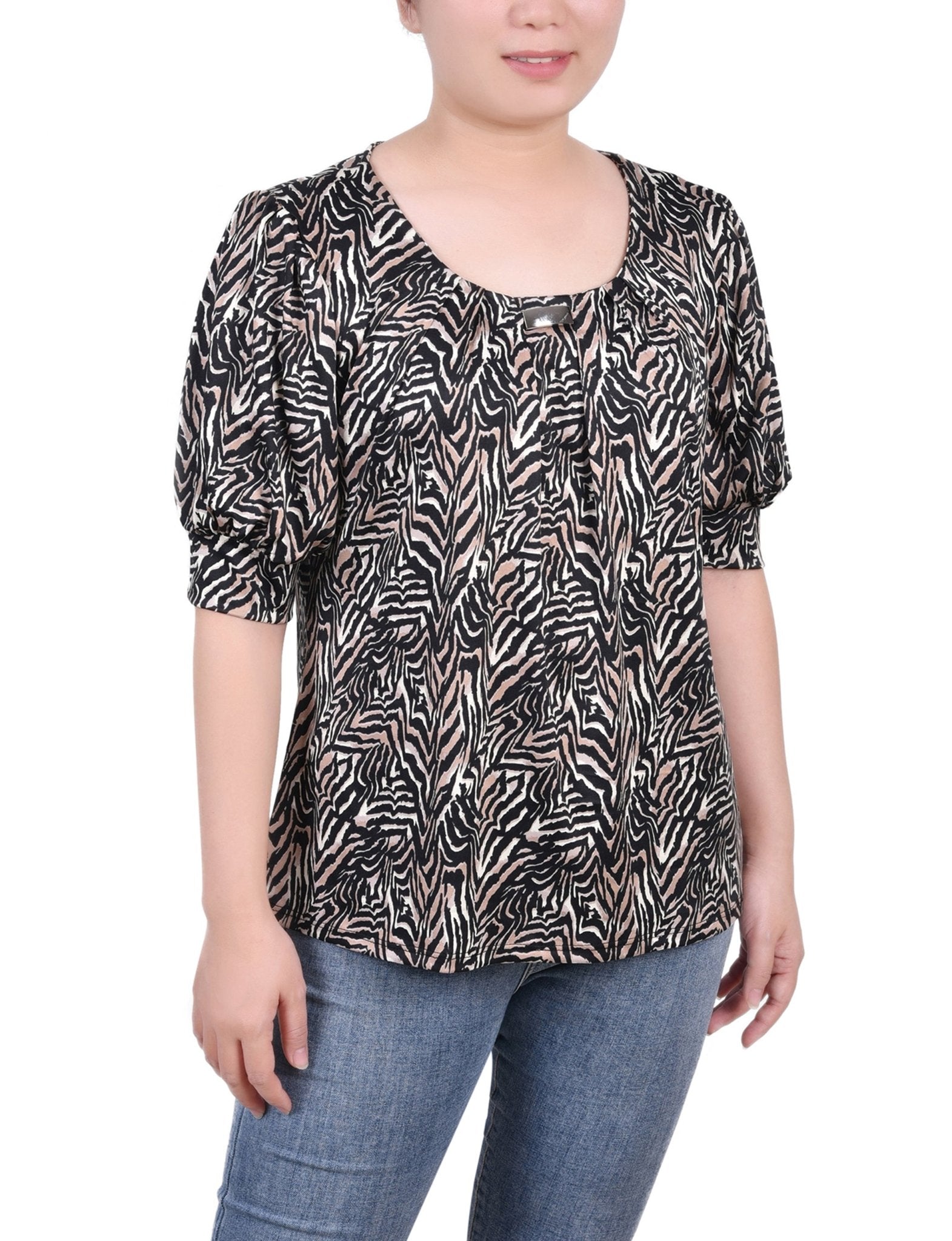 Black Taupe Zebra Short Sleeve Balloon Sleeve Top - Petite