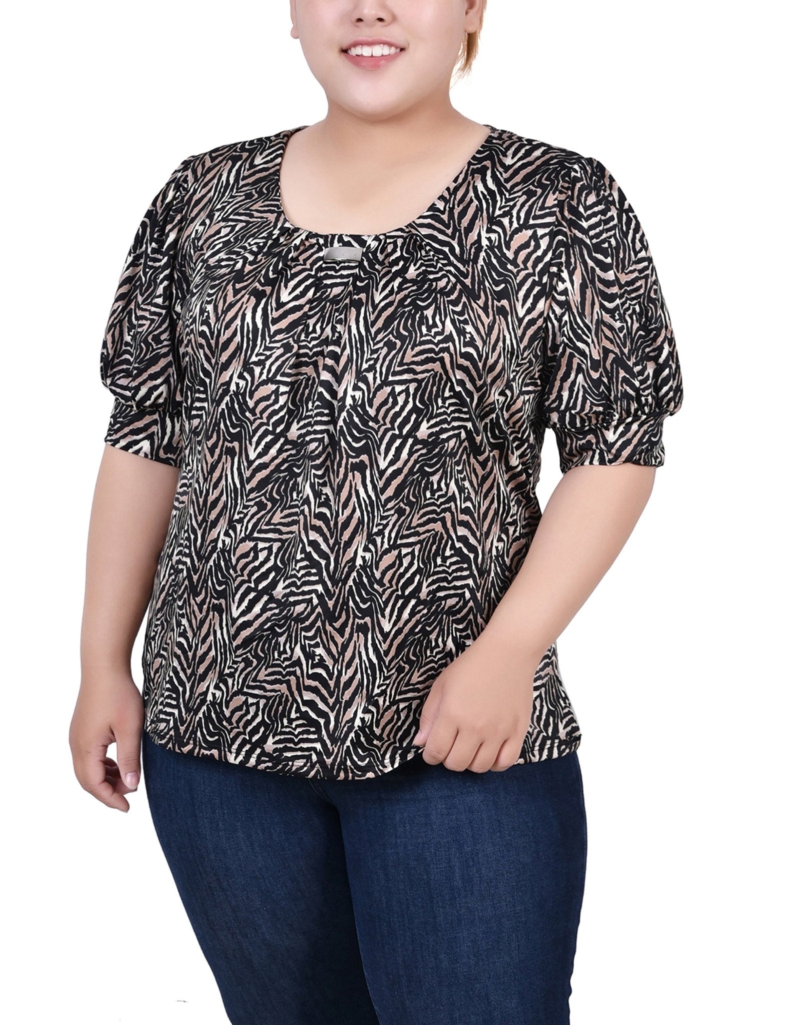 Black Taupe Zebra Short Sleeve Balloon Sleeve Top With Hardware - Plus