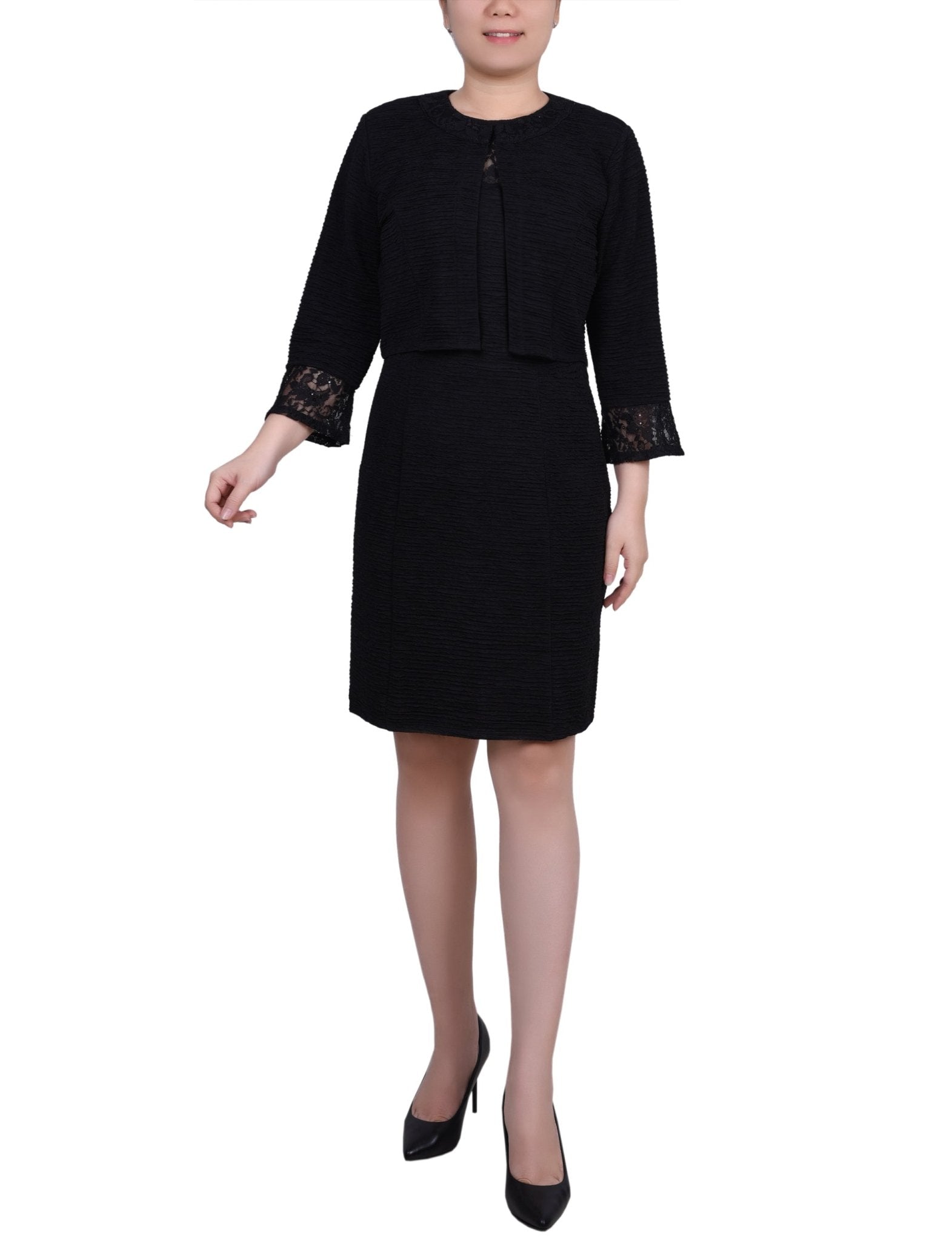 Black Two Piece Novelty Knit and Lace Dress Set