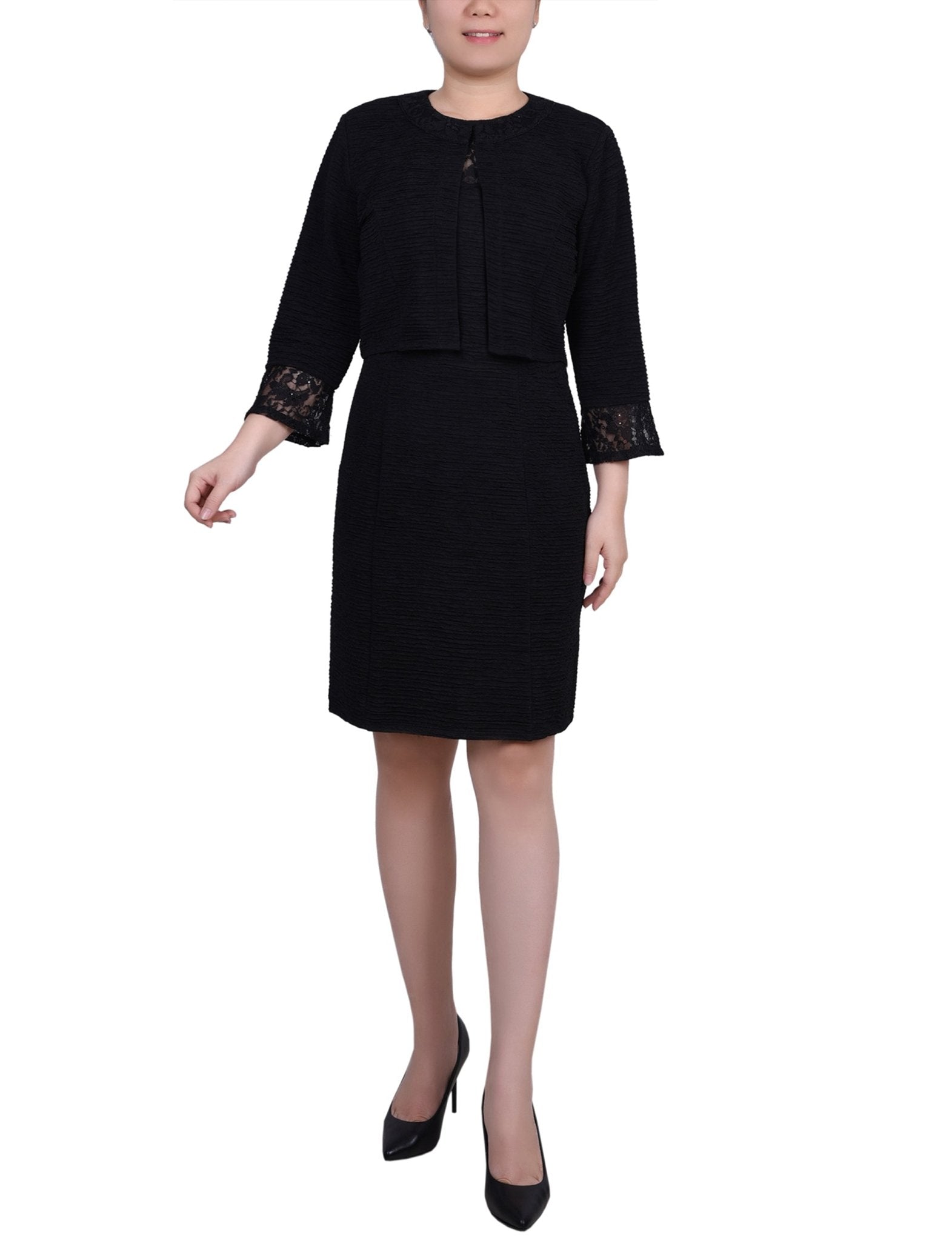Black Two Piece Novelty Knit and Lace Dress Set - Petite