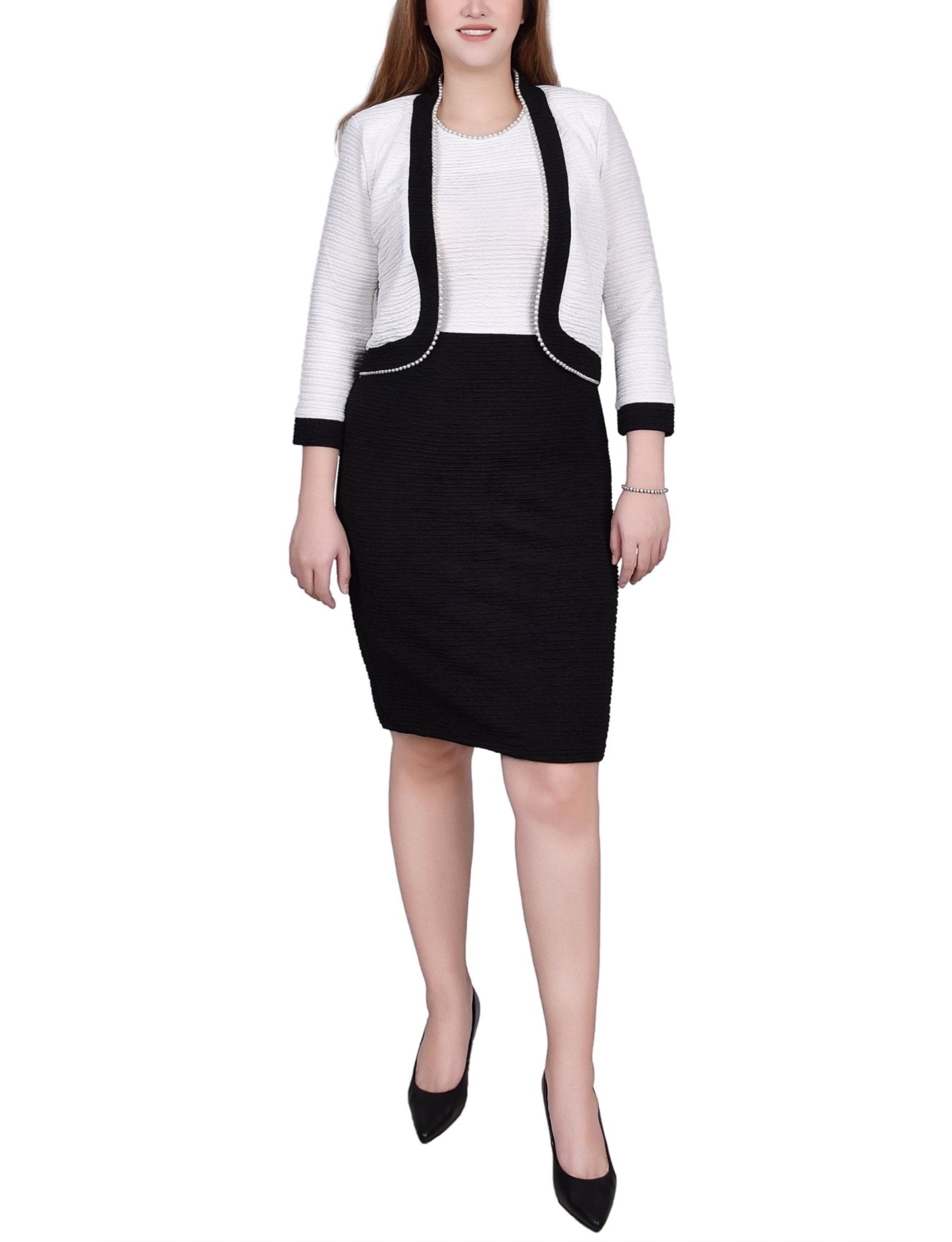 Black White 3/4 Sleeve Textured Knit 2 Piece Dress Set