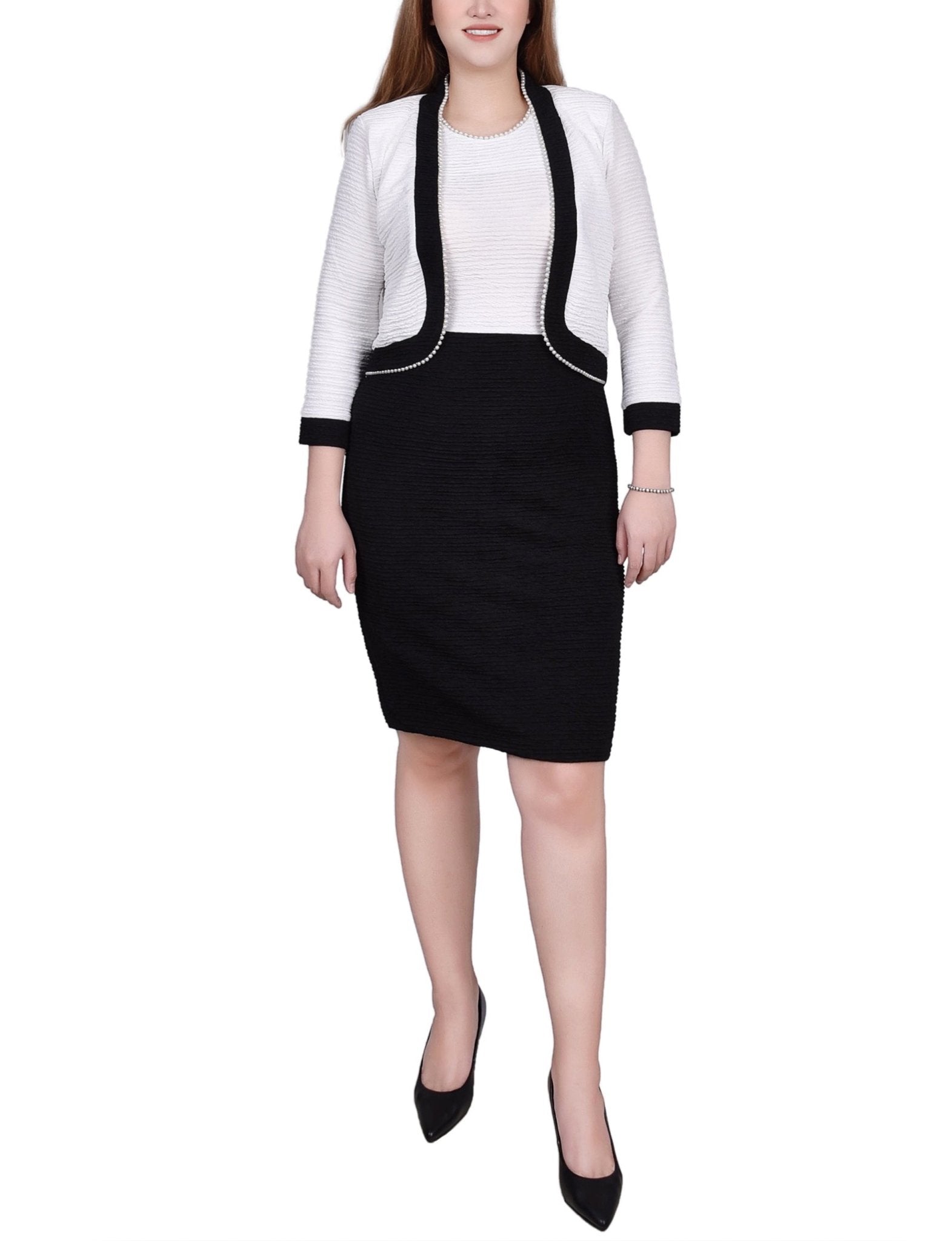 Black White 3/4 Sleeve Textured Knit 2 Piece Dress Set - Petite