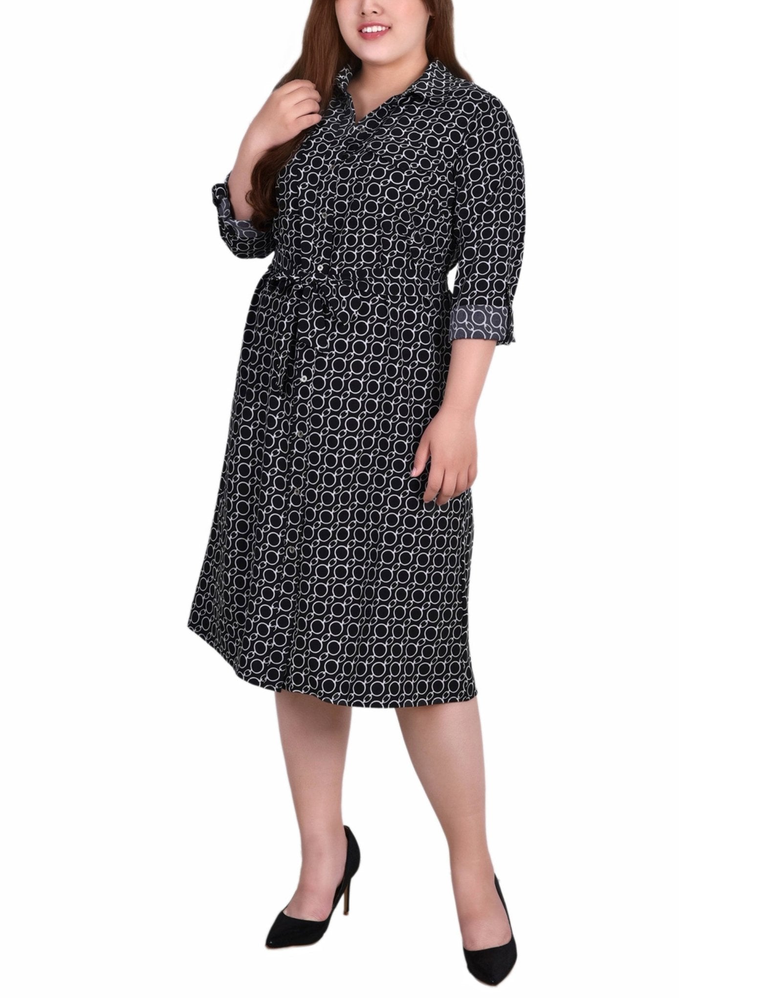 Black White Circle Chain 3/4 Roll Tab Sleeve Belted Shirtdress - Plus
