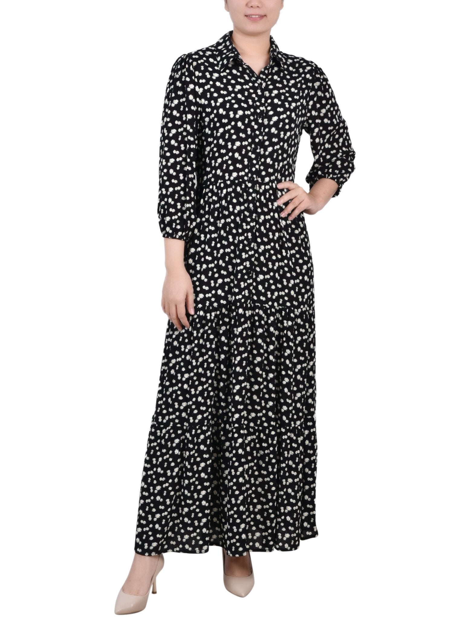 Black White Disty Floral 3/4 Sleeve Crinkle Tiered Maxi Dress - Petite