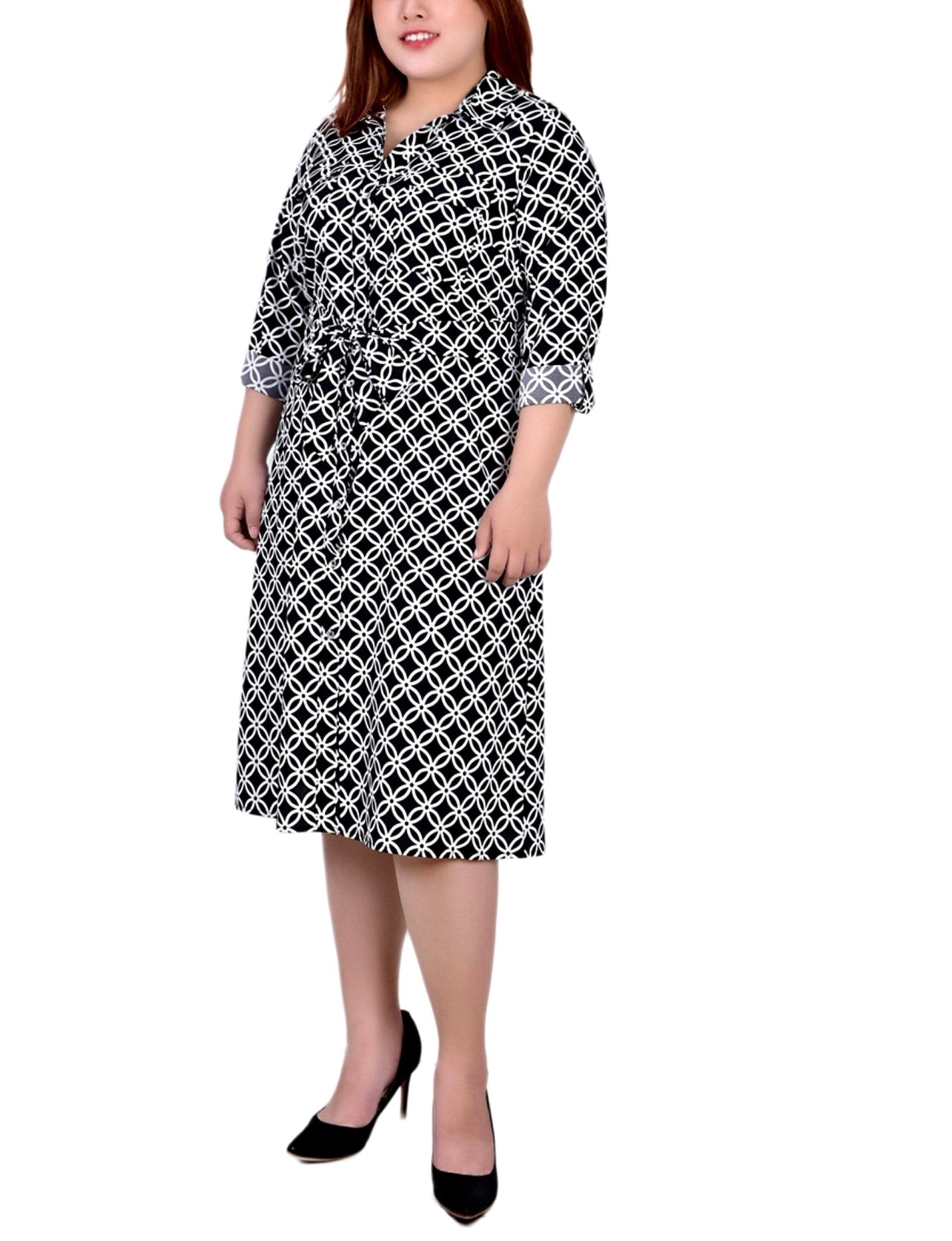 Black White Iconic 3/4 Roll Tab Sleeve Belted Shirtdress - Plus