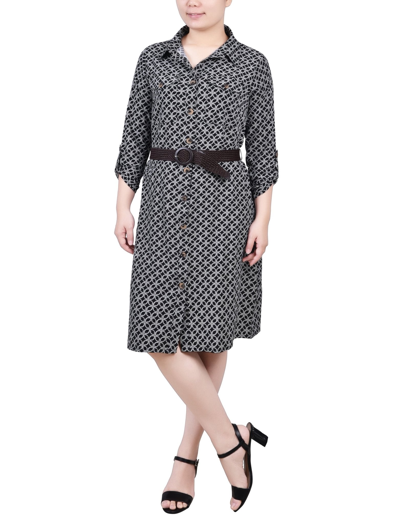 Black White Rope Iconic 3/4 Roll Tab Sleeve Shirtdress - Petite
