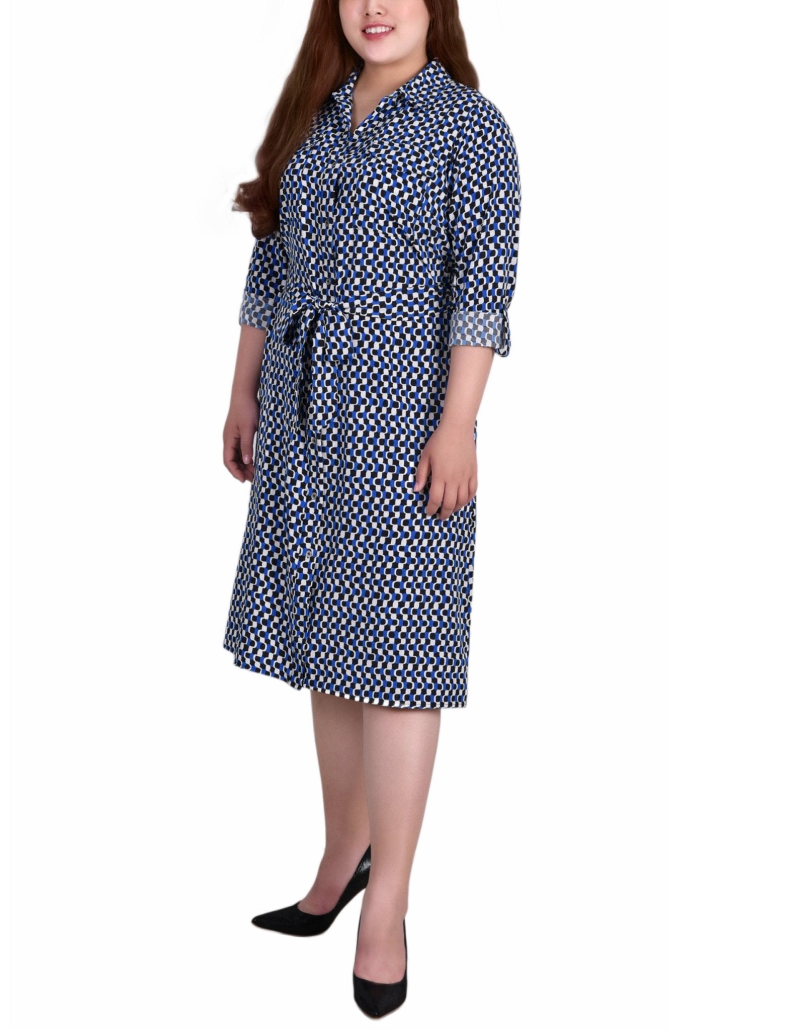 Blue Black White Geo 3/4 Roll Tab Sleeve Belted Shirtdress - Plus
