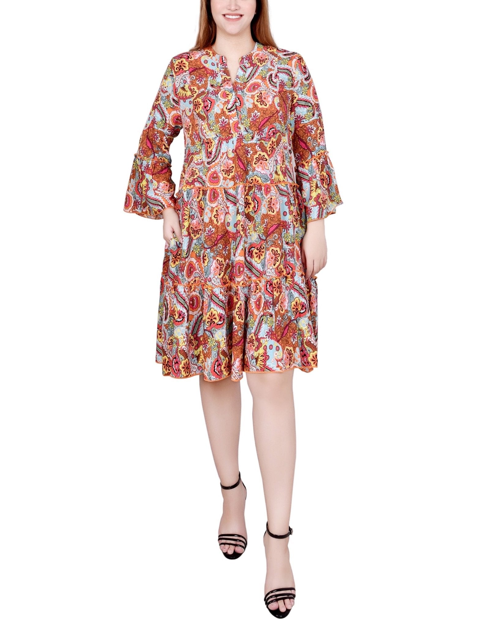 Blue Orange Paisley 3/4 Sleeve Tiered Dress - Petite