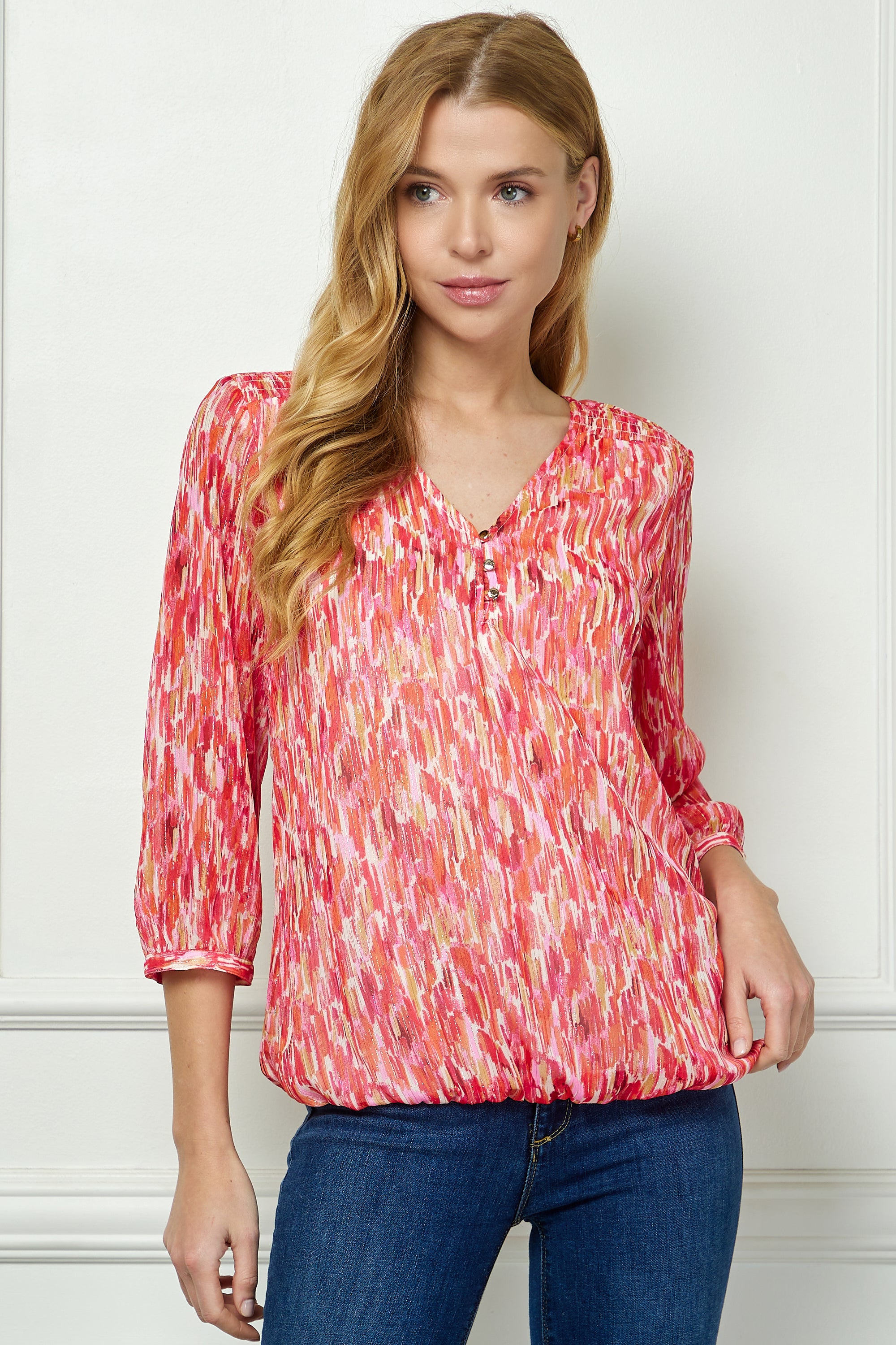3/4 Button Cuff Sleeve 3 Button V-Neck Smock Shoulder Popover Lined Bubble Blouse