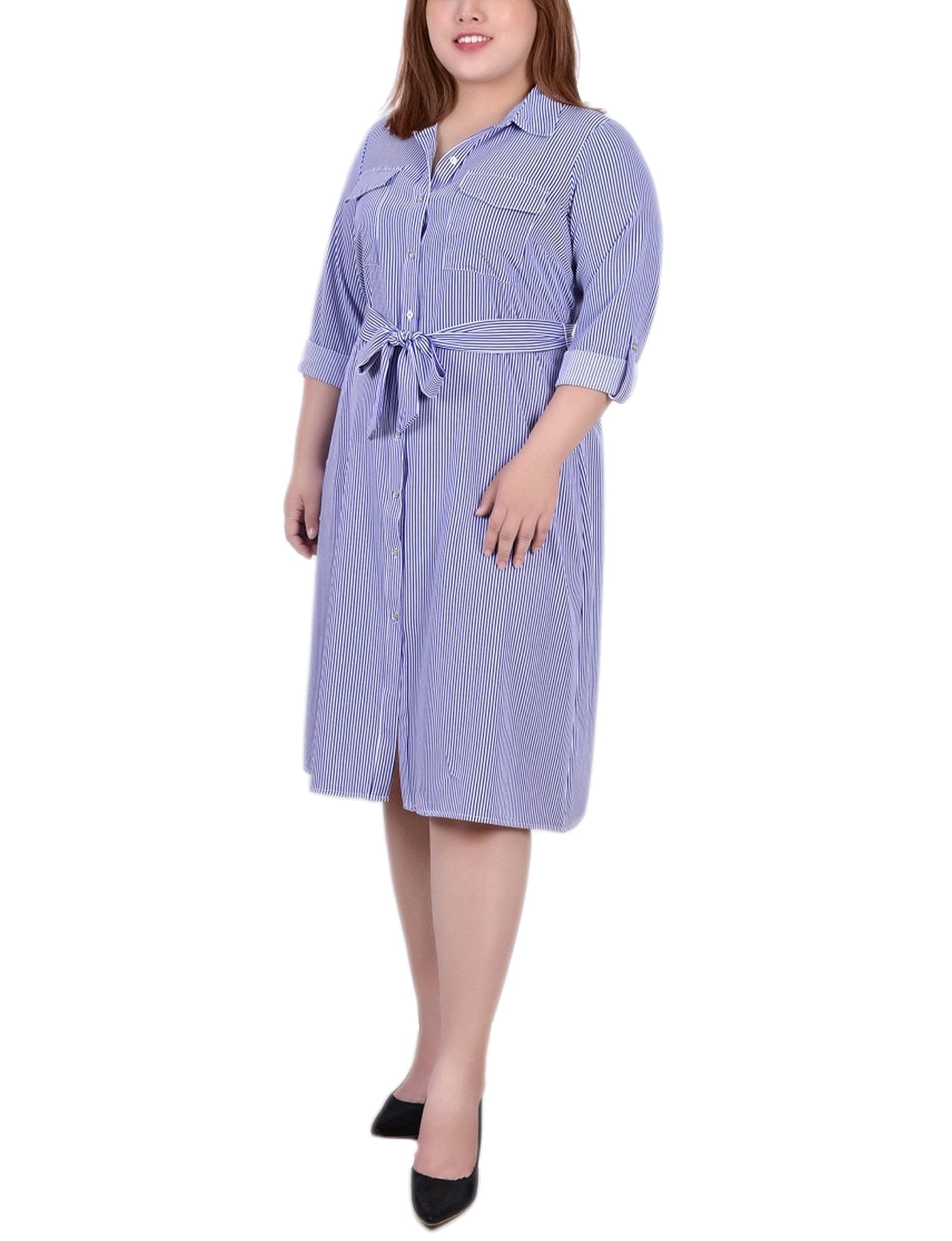 Blue Tortorella 3/4 Roll Tab Sleeve Belted Shirtdress - Plus