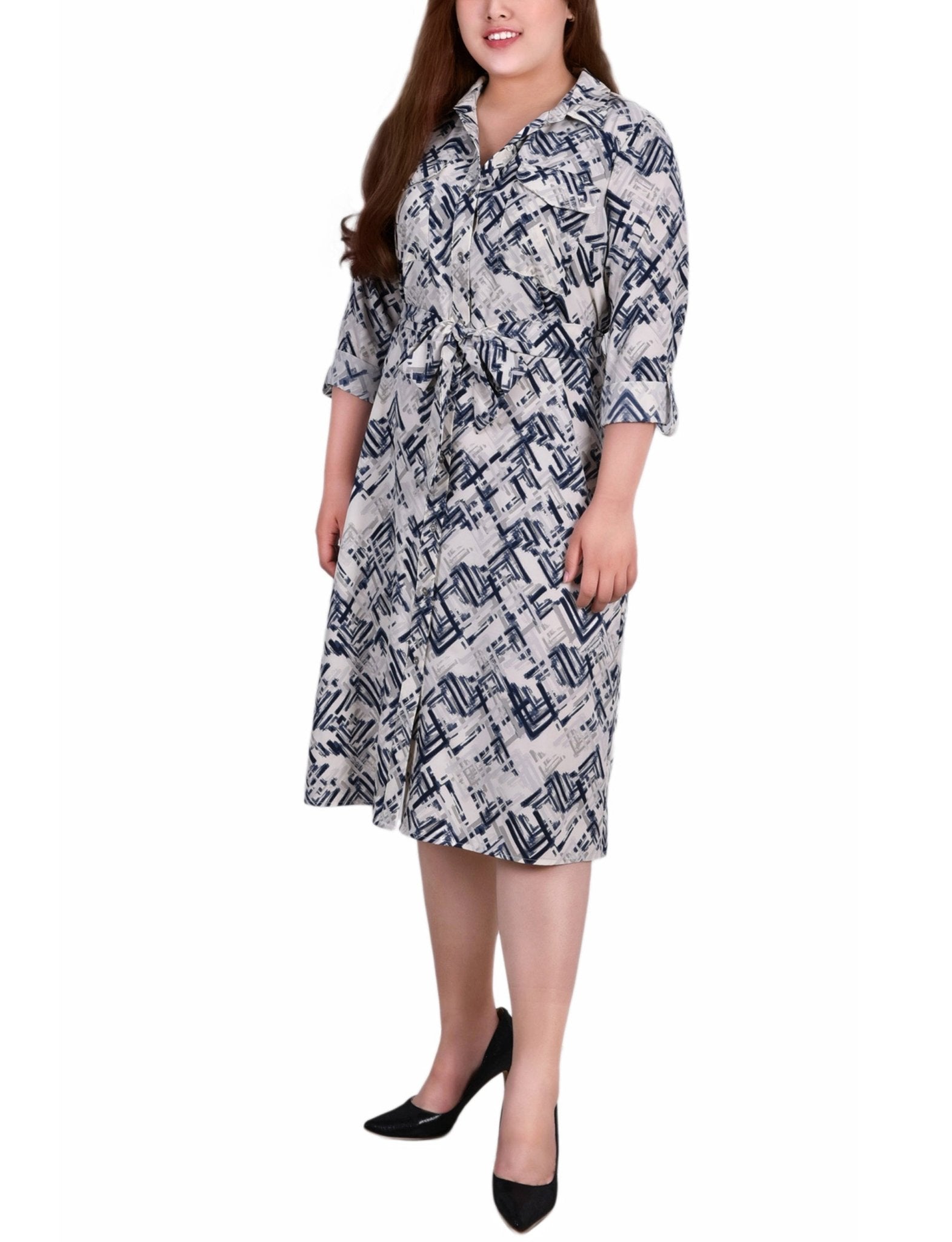 Blue White 3/4 Roll Tab Sleeve Belted Shirtdress - Plus