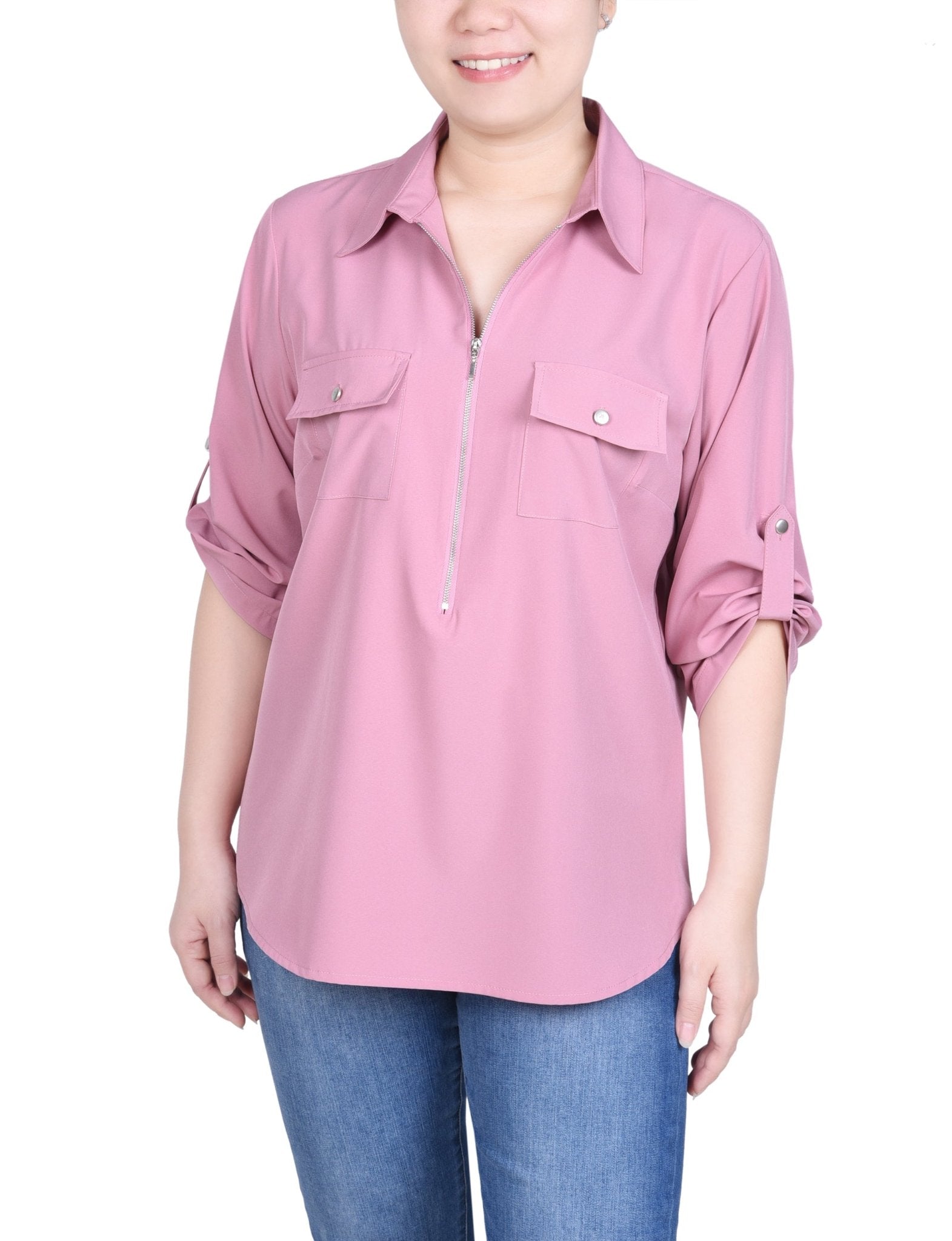 3/4 Length Roll Tab Sleeve Zip Front Top - Petite