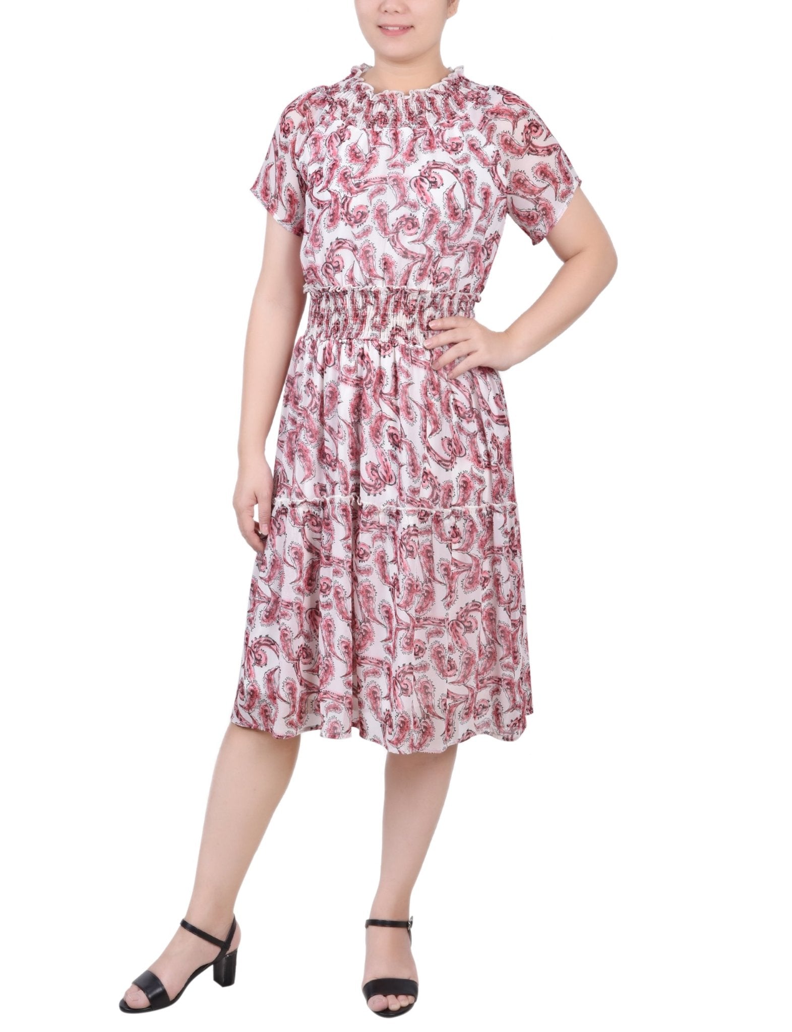 Burgundy Paisley Floral Short Sleeve Smocked Waist Dress - Petite