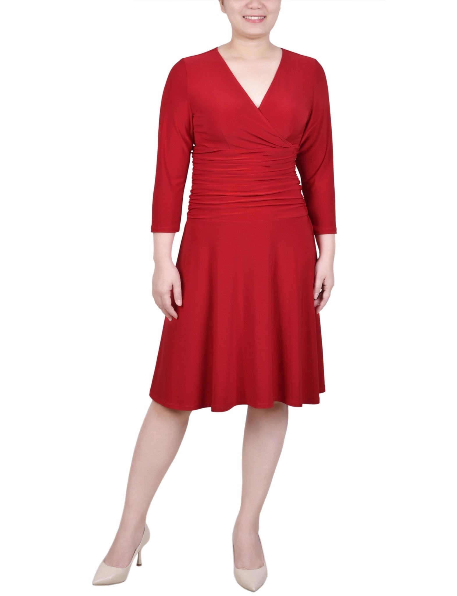 Cherry Red 3/4 Sleeve Rouched-Waist Dress - Petite