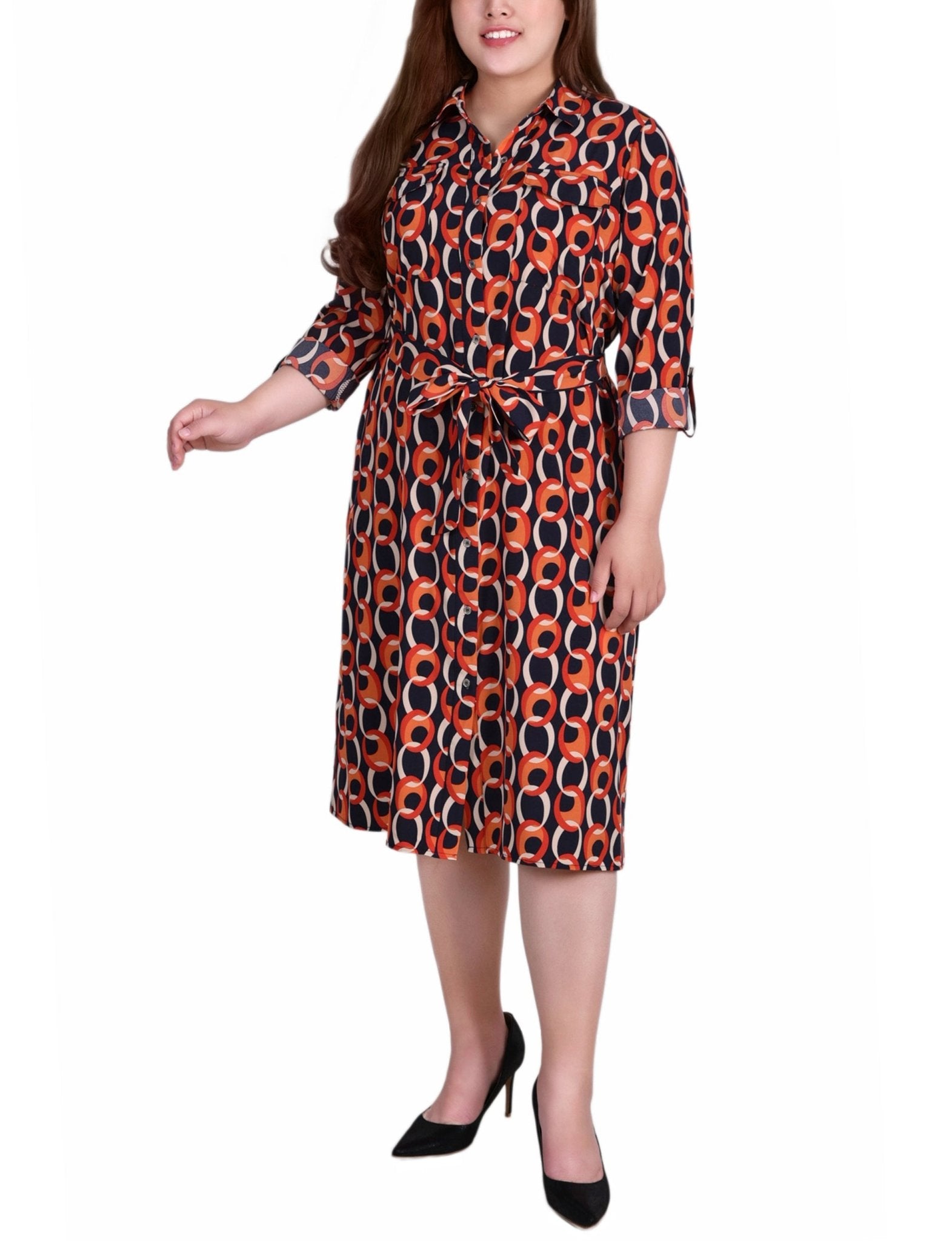 Circle Chain 3/4 Roll Tab Sleeve Belted Shirtdress - Plus