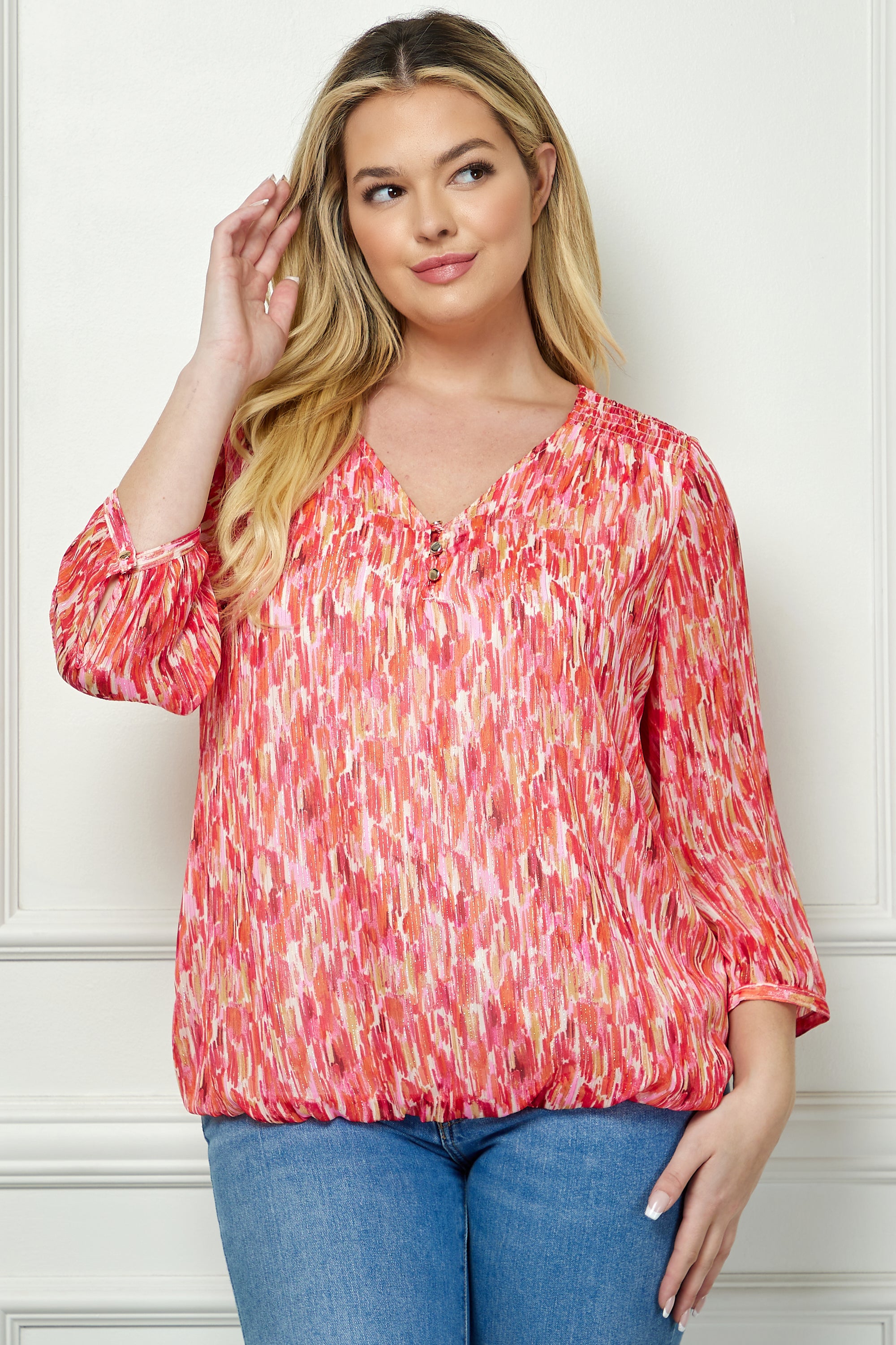3/4 Button Cuff Sleeve 3 Button V-Neck Smock Shoulder Popover Lined Bubble Blouse - Plus