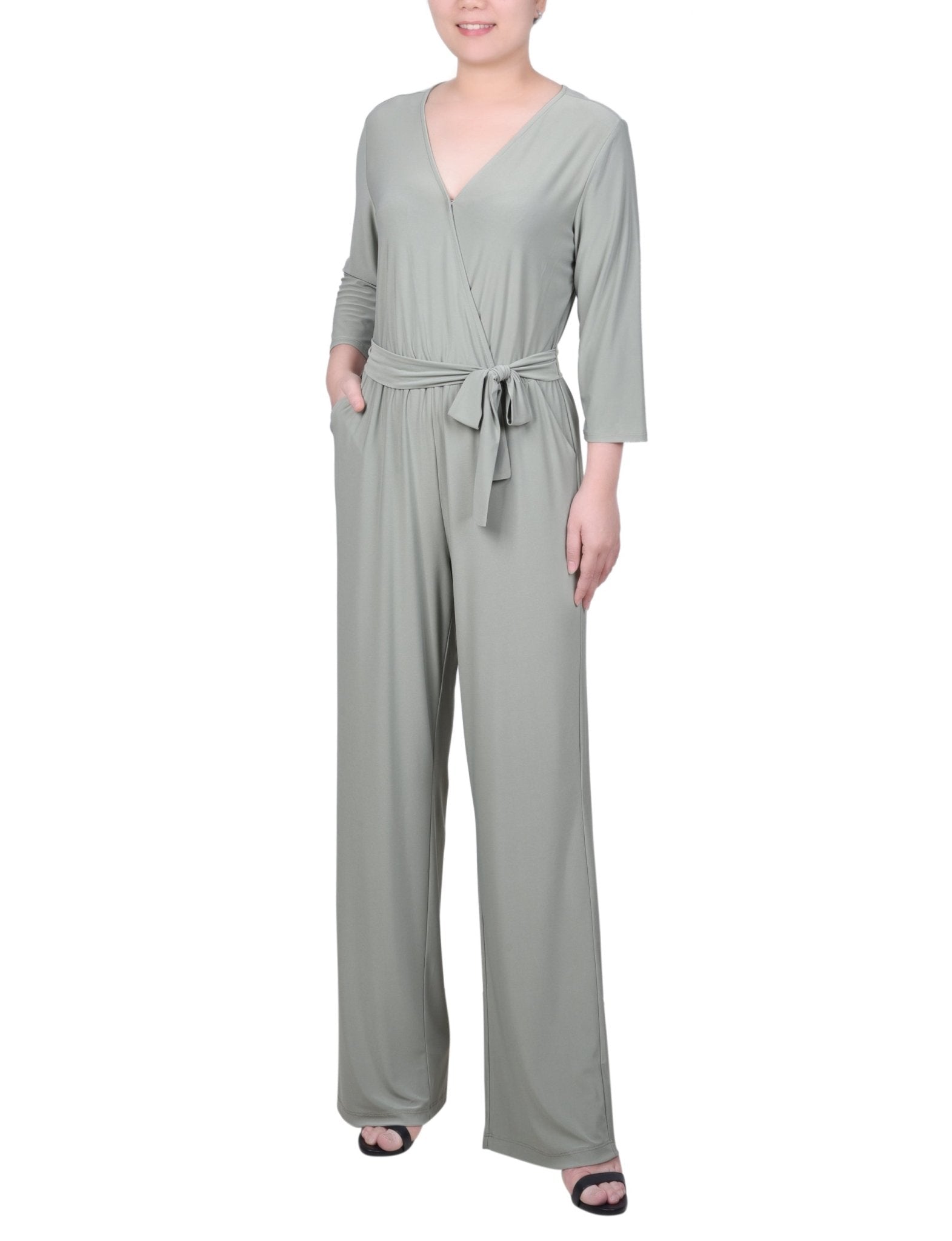 3/4 Length Sleeve Belted Jumpsuit - Petite