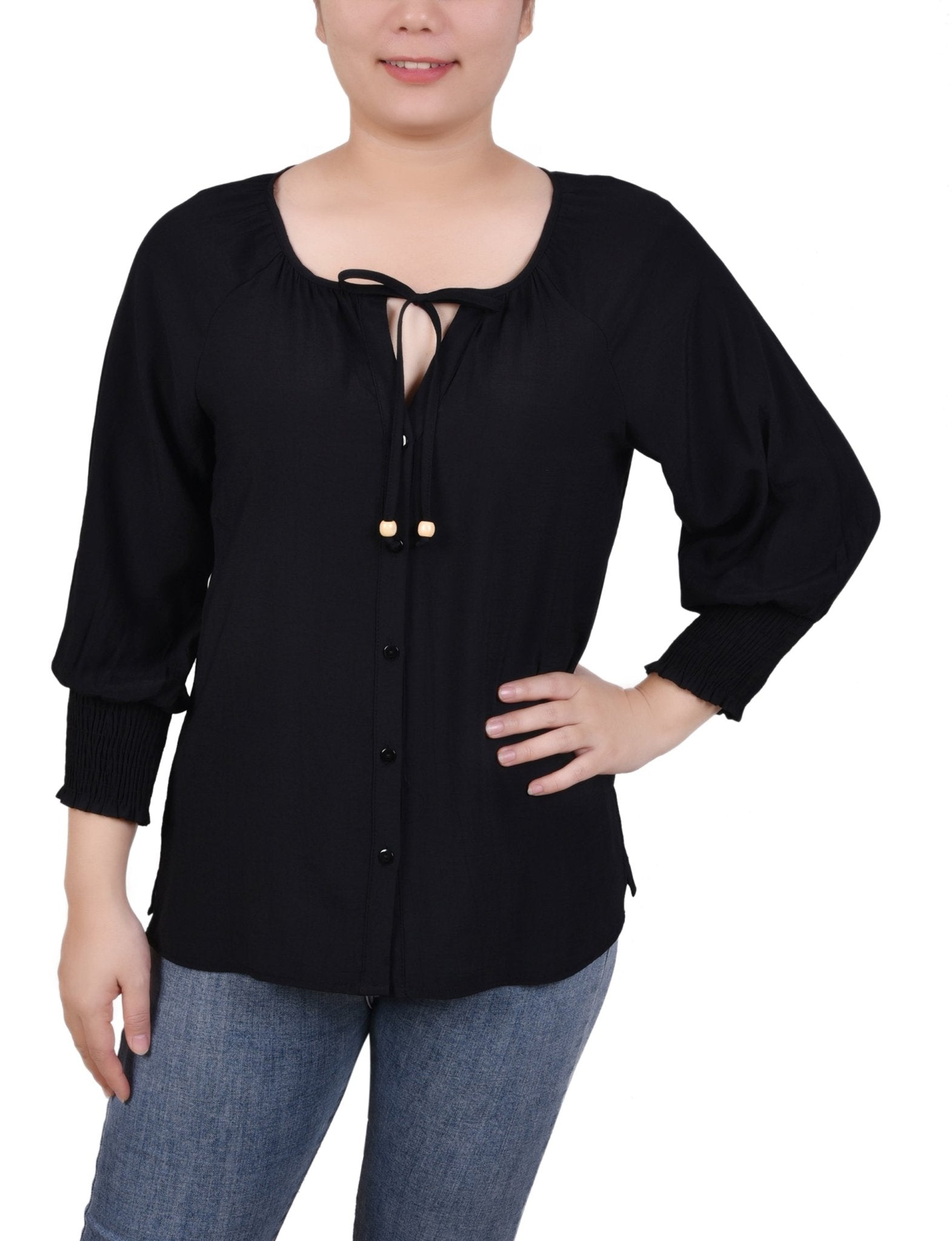 3/4 Length Sleeve Button Front Blouse - Petite