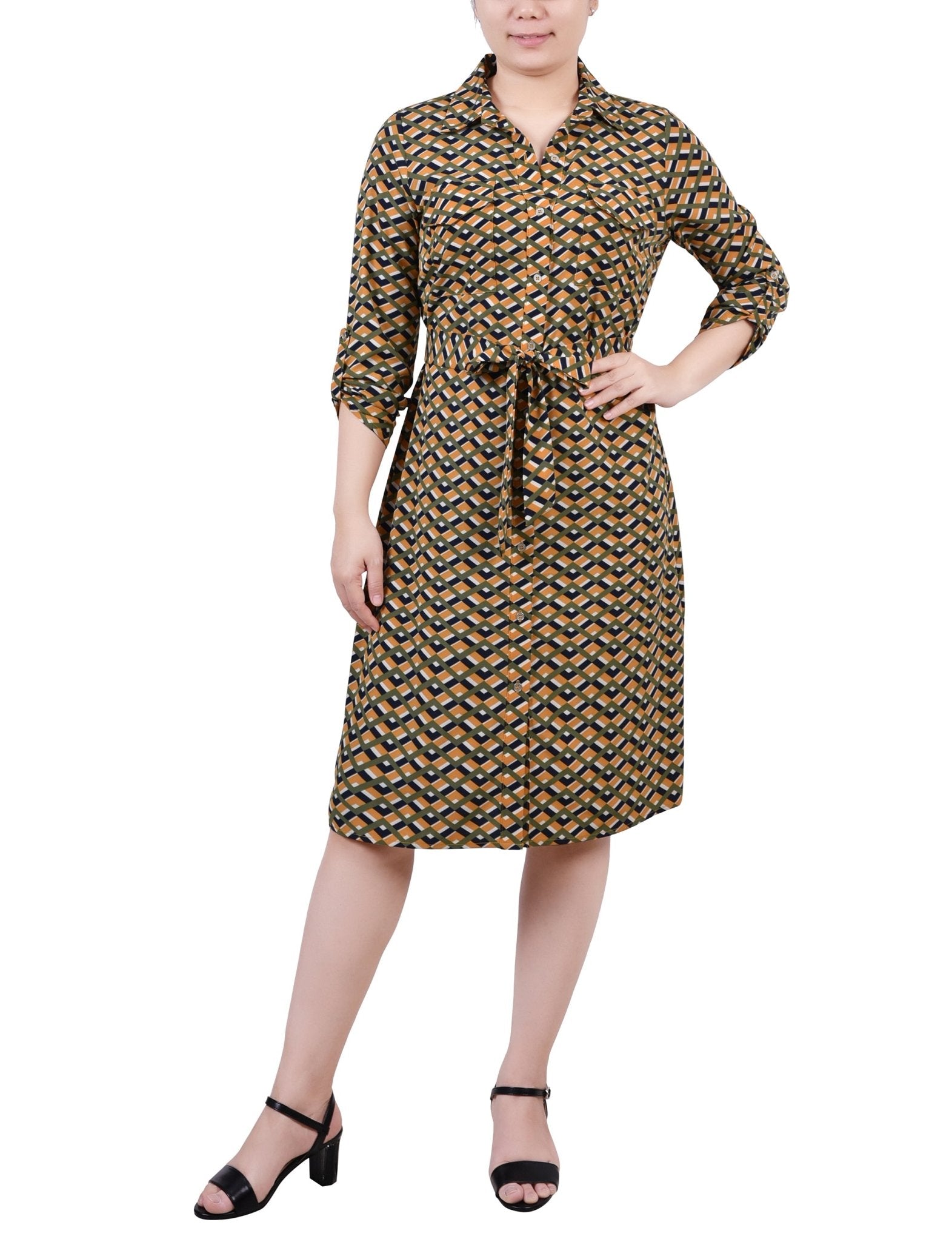 Cypress Inca Gold Navy Zigzag 3/4 Roll Tab Sleeve Belted Shirtdress - Petite