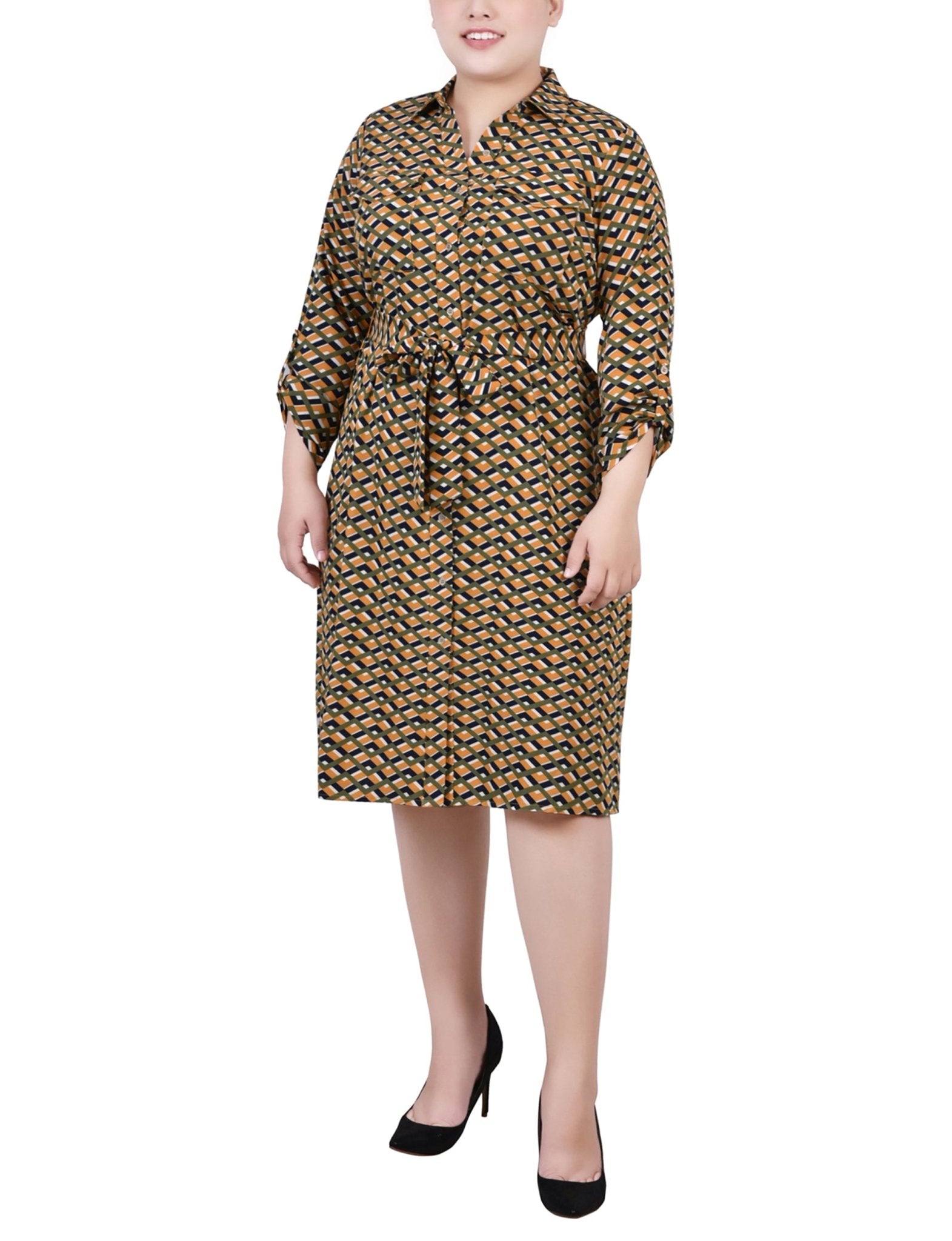 Cypress Inca Gold Navy Zigzag 3/4 Roll Tab Sleeve Belted Shirtdress - Plus