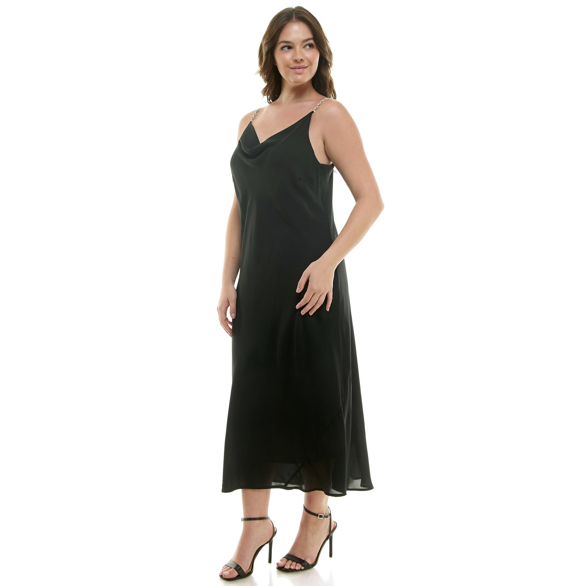 Detachable Chain Trim Strap Cowl Neck Dress, Black - Plus
