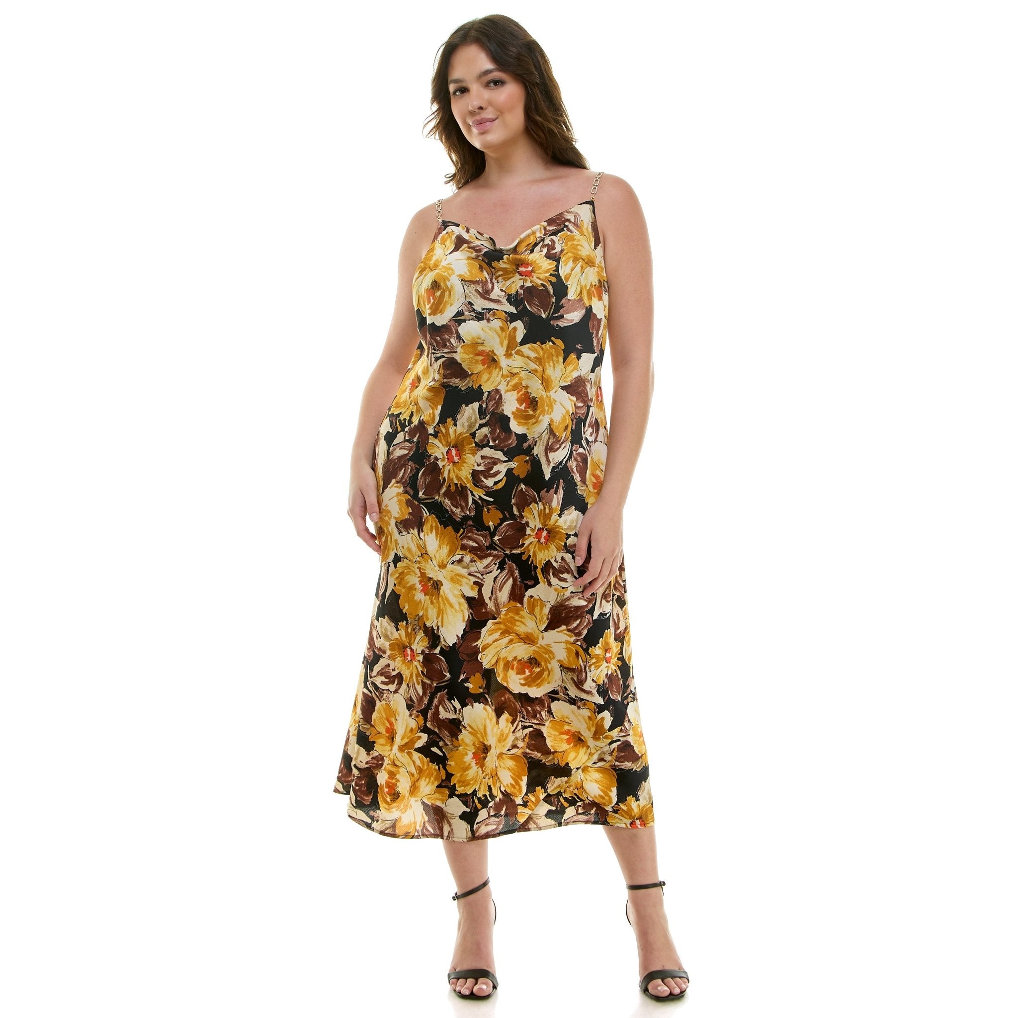 Detachable Chain Trim Strap Cowl Neck Dress, Gold/Olive/Ivory - Plus
